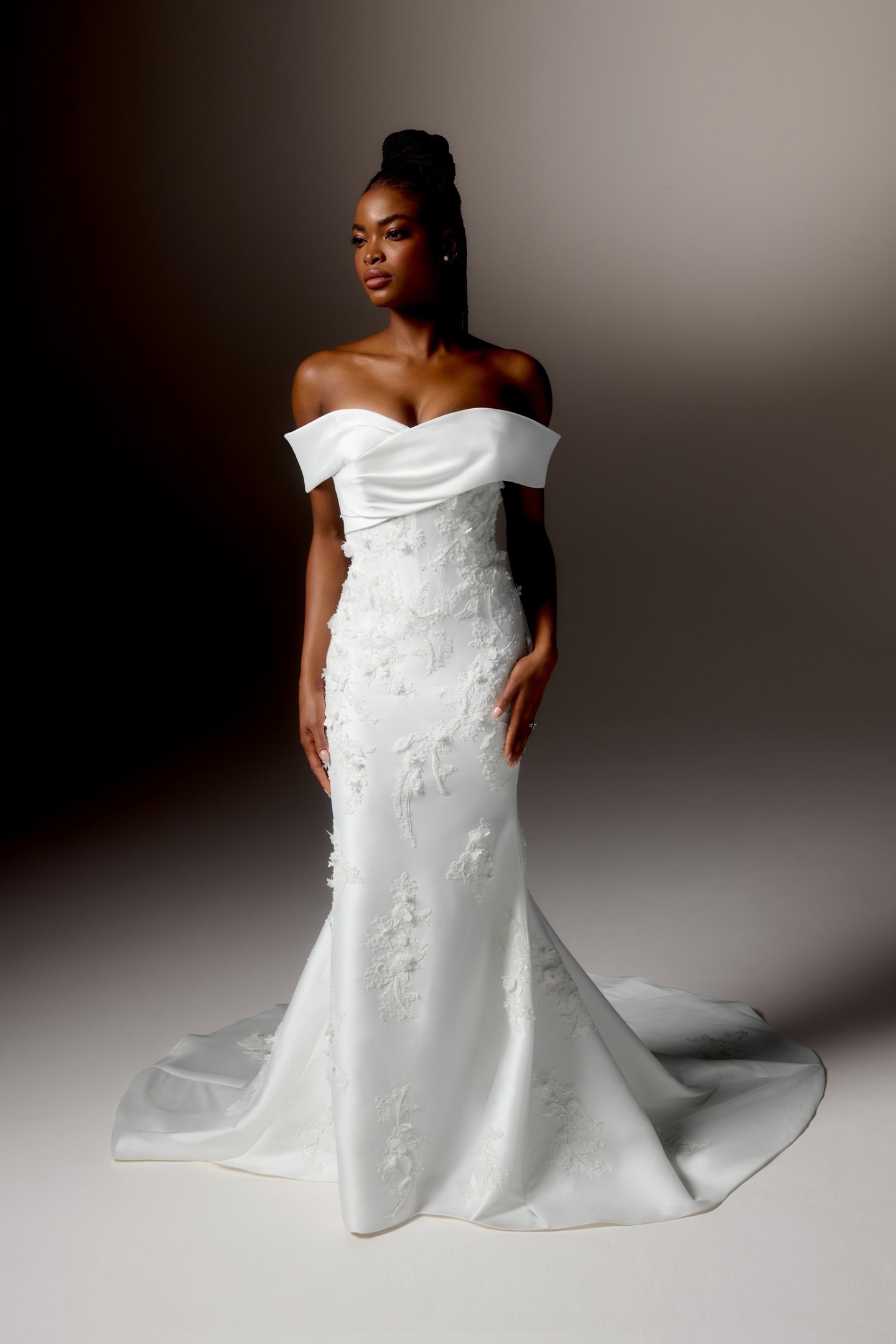 Justin Alexander Signature Style 99425 VOLTERRA Stretch Mikado Fit and Flare Gown with Off-the-Shoulder Portrait Neckline and Beaded Bodice and Skirt