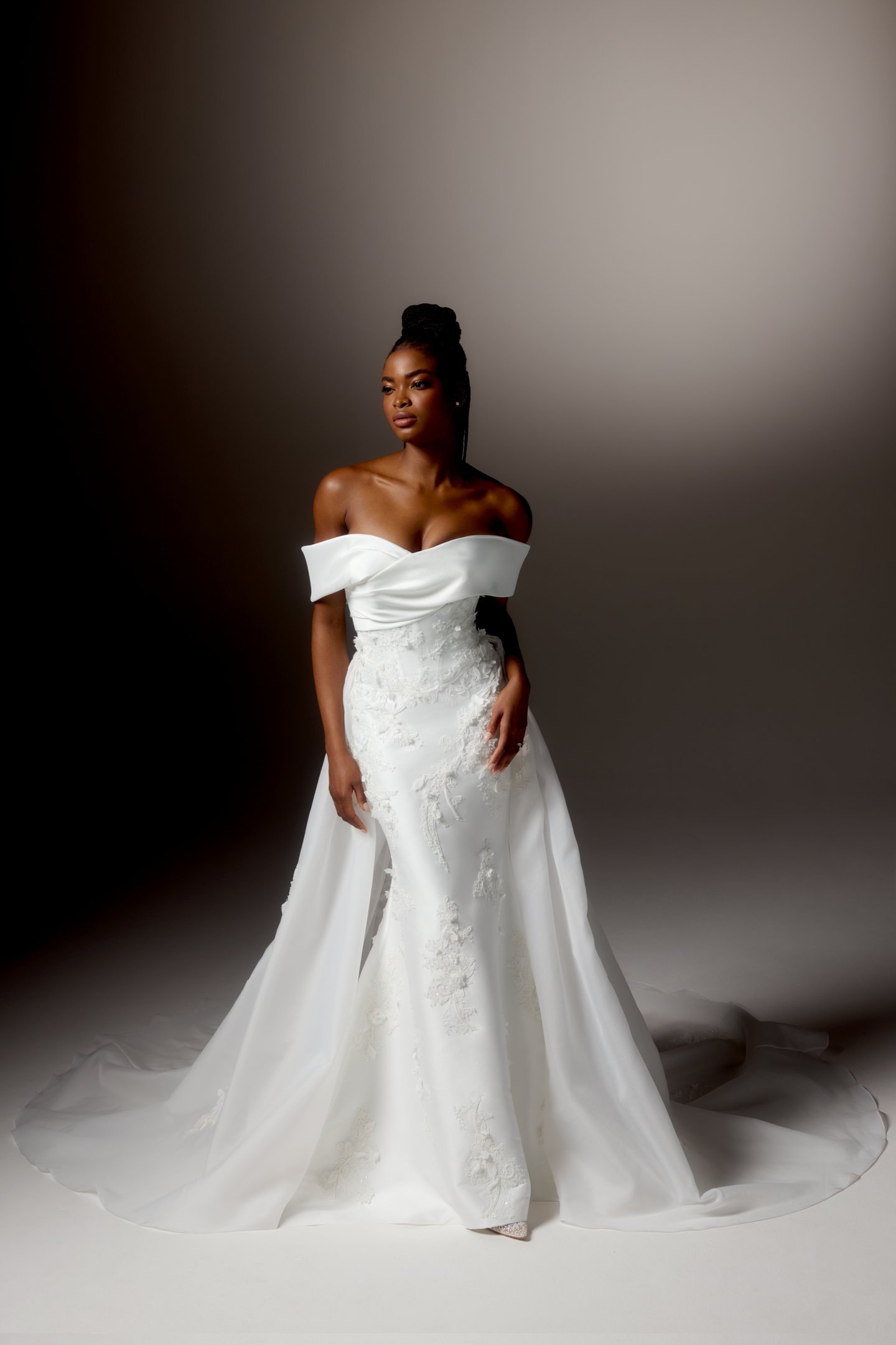 Justin Alexander Signature Style 99425 VOLTERRA Stretch Mikado Fit and Flare Gown with Off-the-Shoulder Portrait Neckline and Beaded Bodice and Skirt