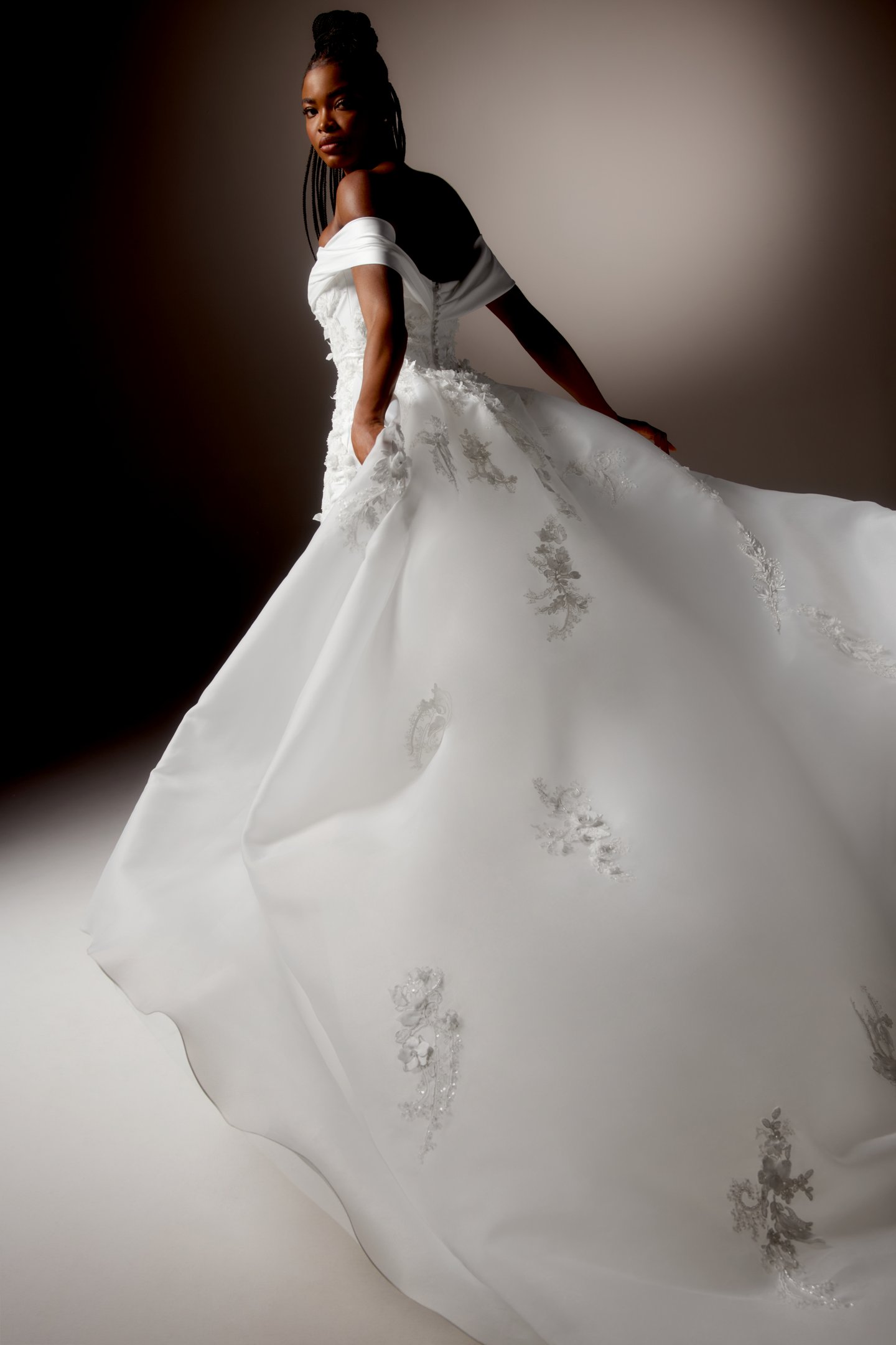 Justin Alexander Signature Style 99425 VOLTERRA Stretch Mikado Fit and Flare Gown with Off-the-Shoulder Portrait Neckline and Beaded Bodice and Skirt