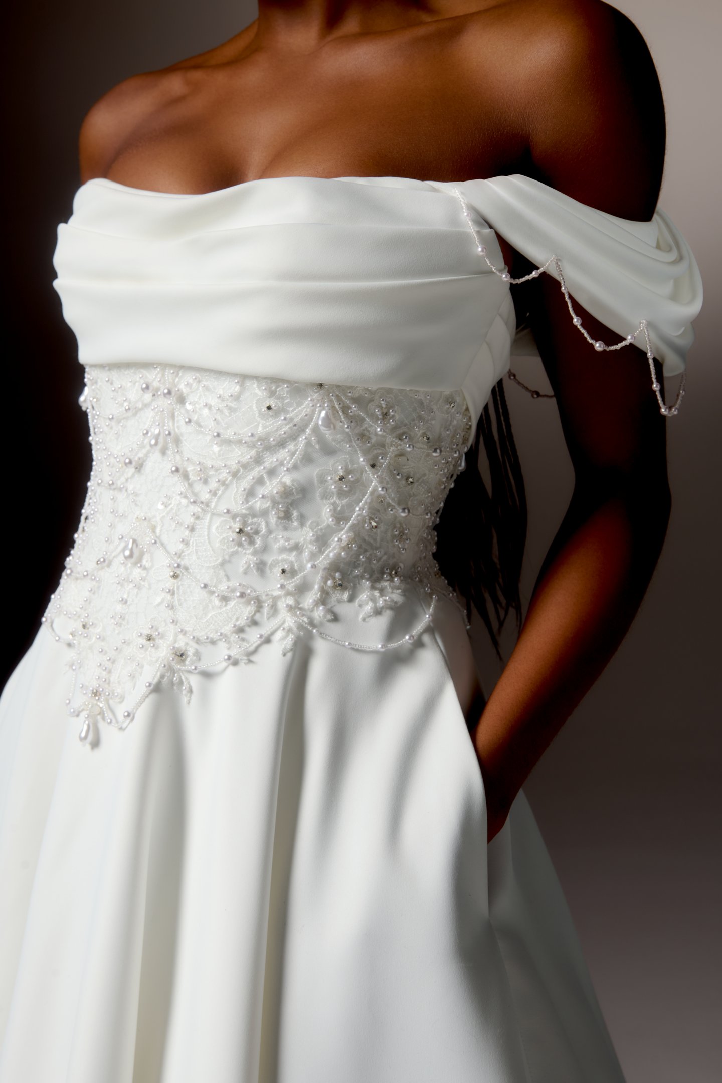Justin Alexander Signature Style 99426 TOSCANA Satin Off-the-Shoulder A-Line Gown with Matte Allover Lace Embroidered Bodice and Basque Waistline