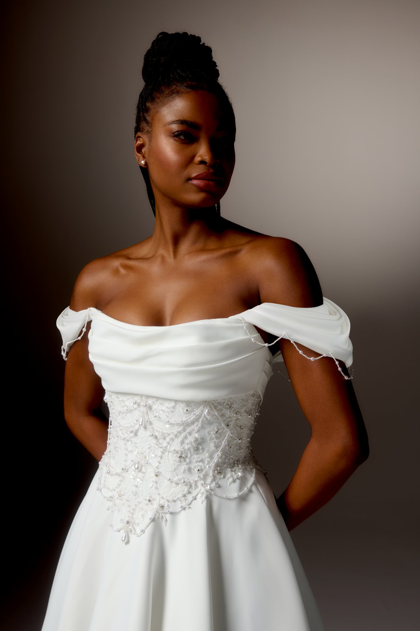 Justin Alexander Signature Style 99426 TOSCANA Satin Off-the-Shoulder A-Line Gown with Matte Allover Lace Embroidered Bodice and Basque Waistline