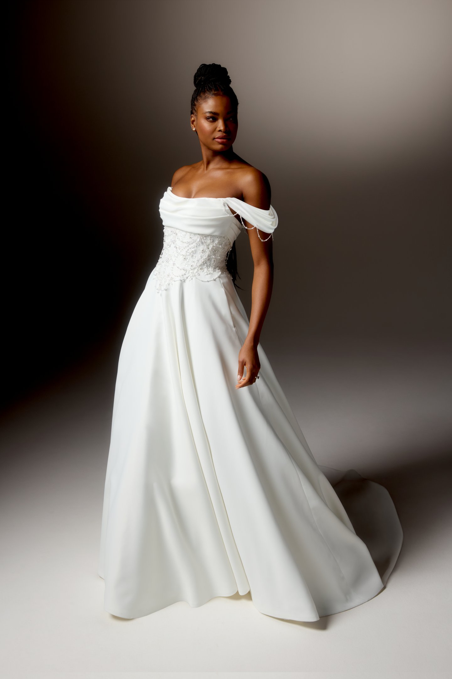 Justin Alexander Signature Style 99426 TOSCANA Satin Off-the-Shoulder A-Line Gown with Matte Allover Lace Embroidered Bodice and Basque Waistline