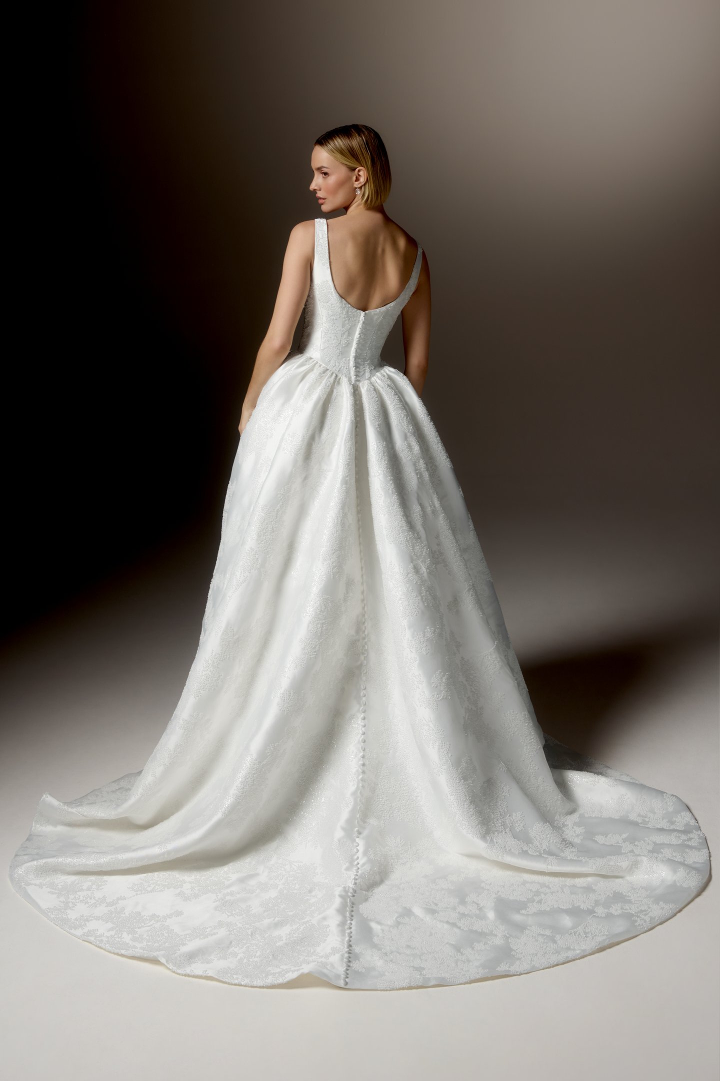 Justin Alexander Signature Style 99427 SERATA Allover Beaded Mikado Ball Gown with Scoop Neckline, Basque Waistline, and Pockets