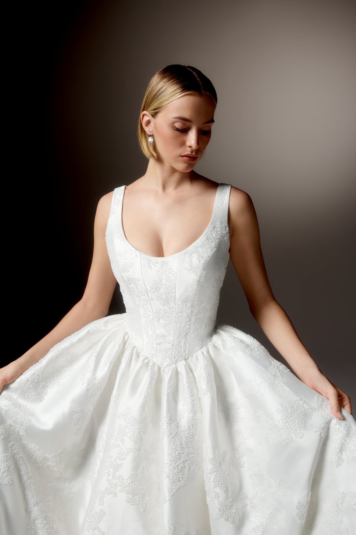 Justin Alexander Signature Style 99427 SERATA Allover Beaded Mikado Ball Gown with Scoop Neckline, Basque Waistline, and Pockets