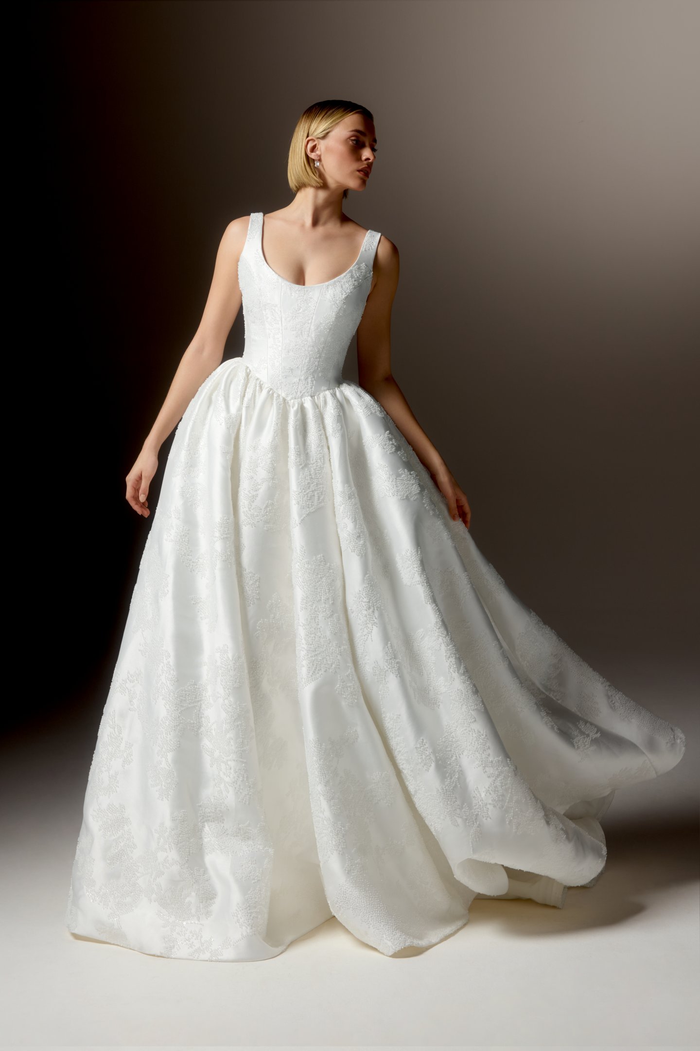 Justin Alexander Signature Style 99427 SERATA Allover Beaded Mikado Ball Gown with Scoop Neckline, Basque Waistline, and Pockets