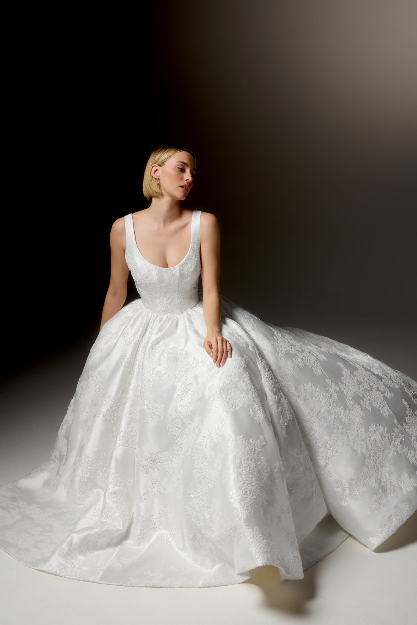 Justin Alexander Signature Style 99427 SERATA Allover Beaded Mikado Ball Gown with Scoop Neckline, Basque Waistline, and Pockets