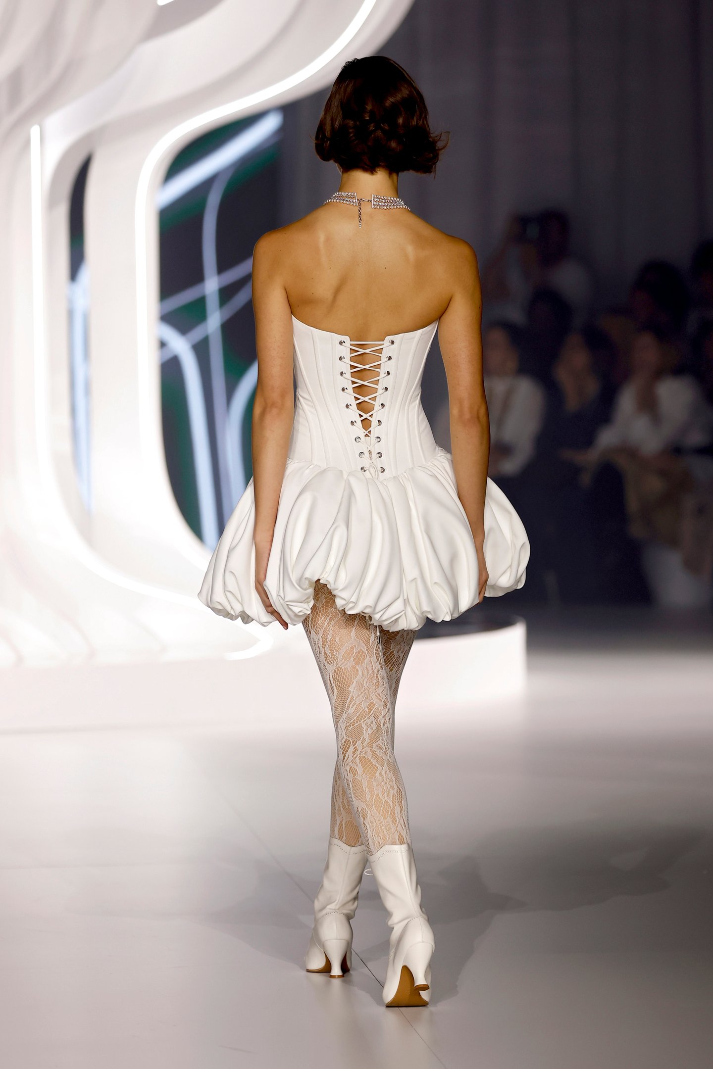 Justin Alexander Signature Style 99428 RHIANNON MINI Cat Eye Satin Mini Dress with Basque Waist and Bubble Hem