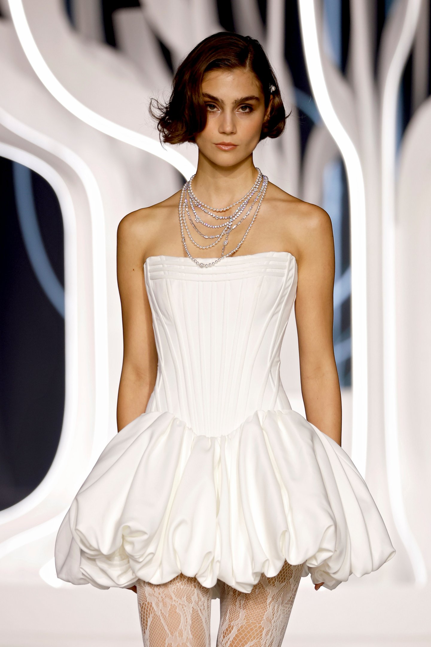 Justin Alexander Signature Style 99428 RHIANNON MINI Cat Eye Satin Mini Dress with Basque Waist and Bubble Hem