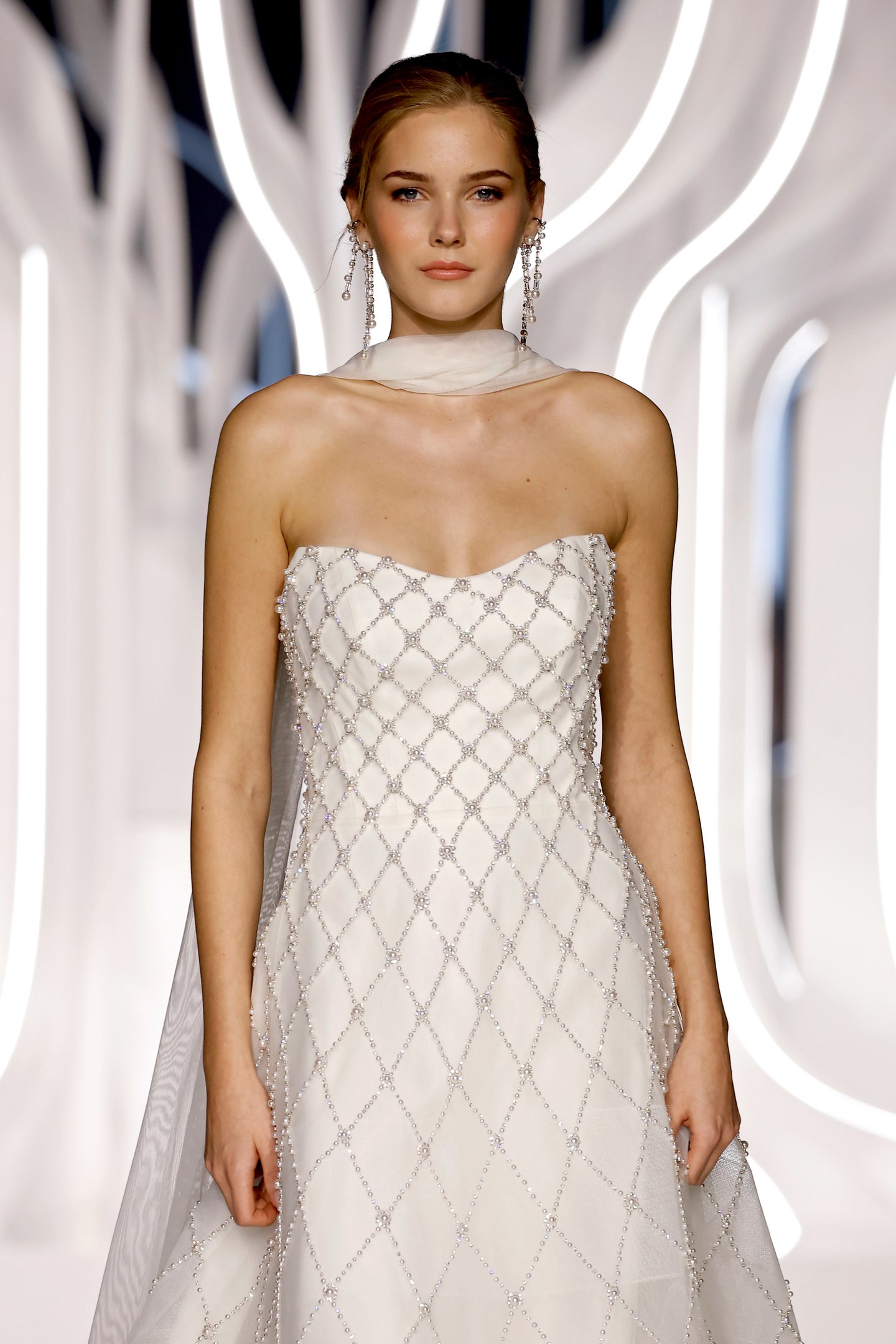 Justin Alexander Signature Style 99429 BLOOM Tulle A-Line Wedding Dress with Pearl & Rhinestone Lattice Embroidery