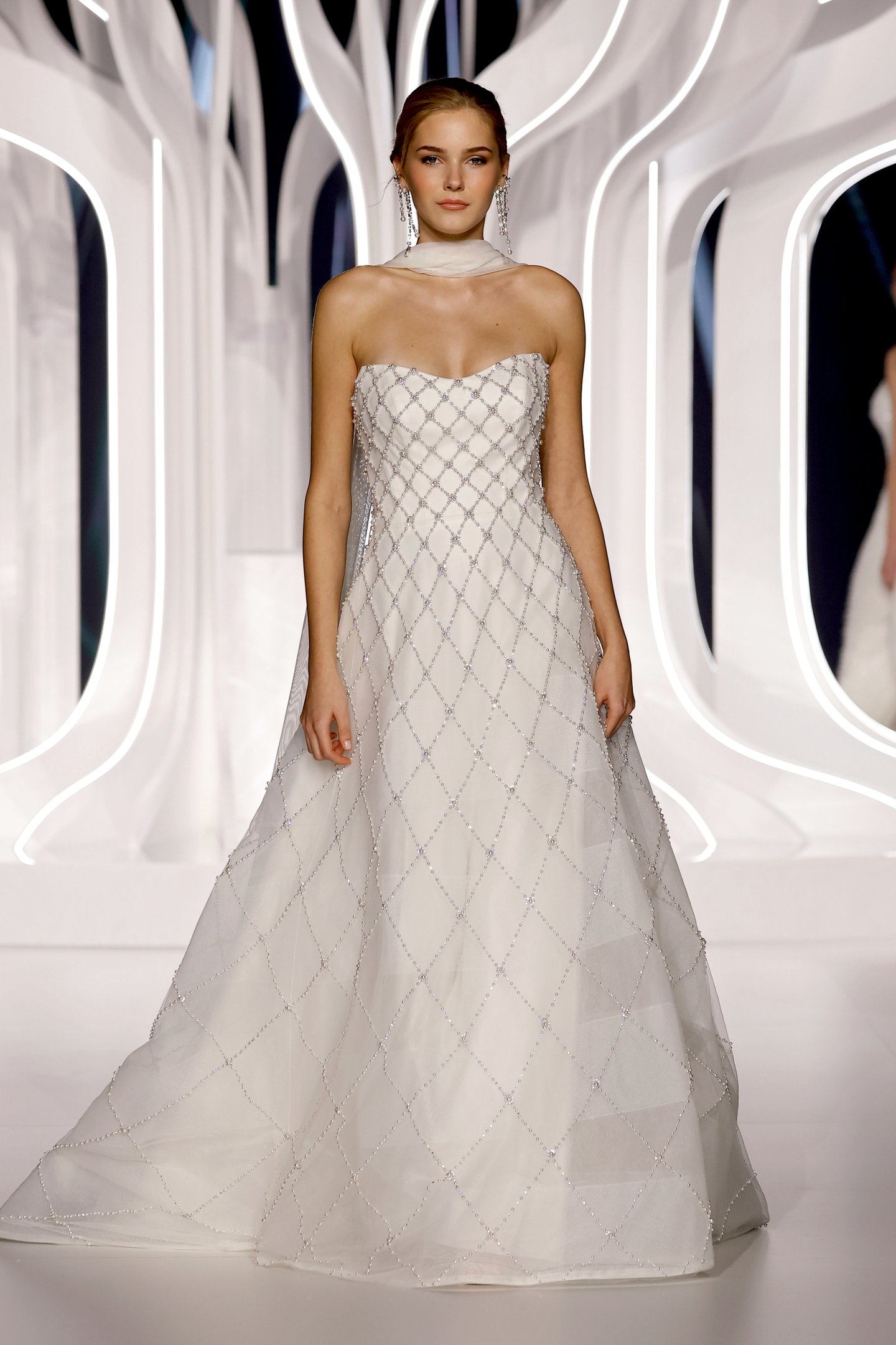 Justin Alexander Signature Style 99429 BLOOM Tulle A-Line Wedding Dress with Pearl & Rhinestone Lattice Embroidery