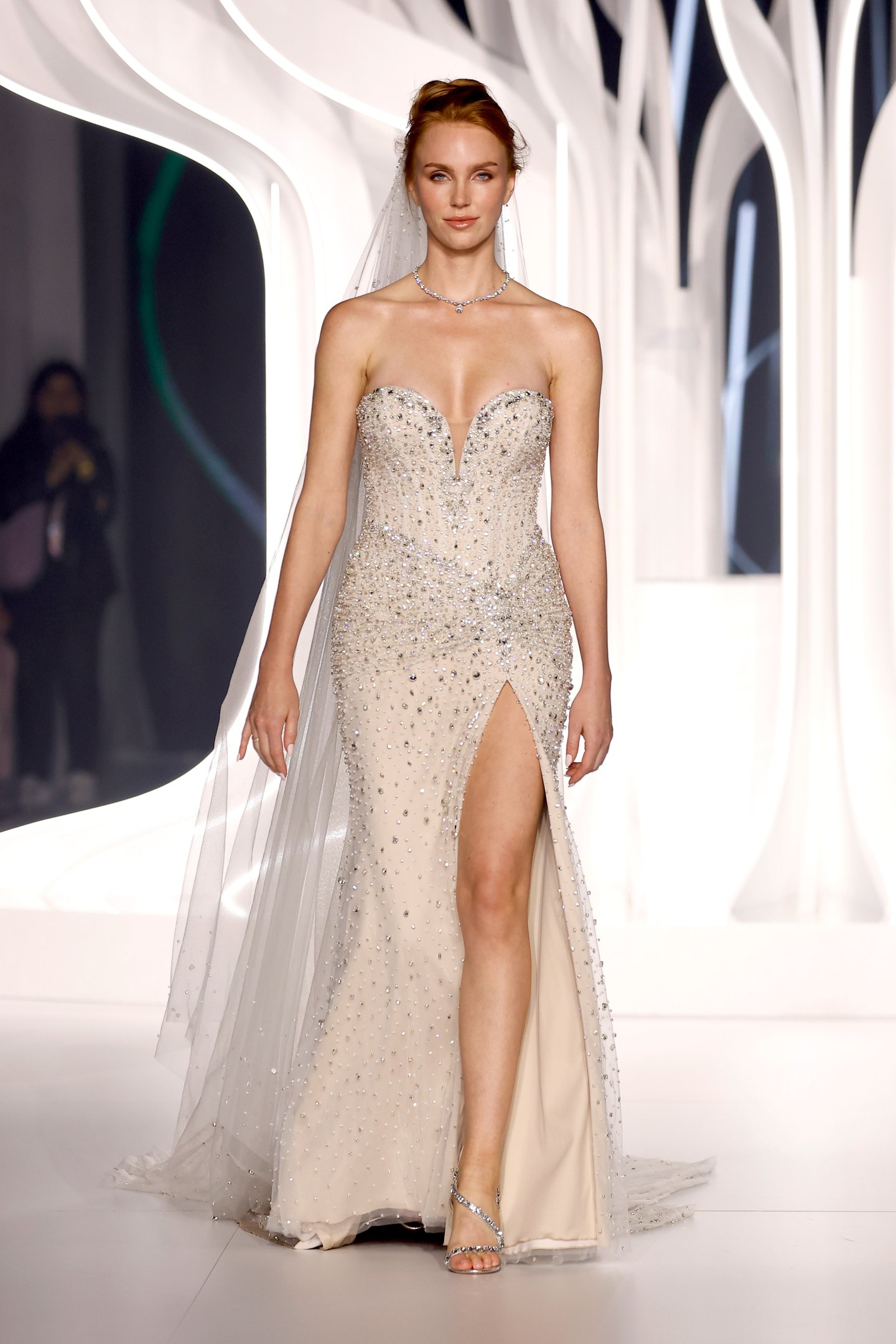 Justin Alexander Signature Style 99431 MEL Embroidered Fit and Flare Gown with Plunging Strapless Sweetheart Neckline and Corset Lace Up Back