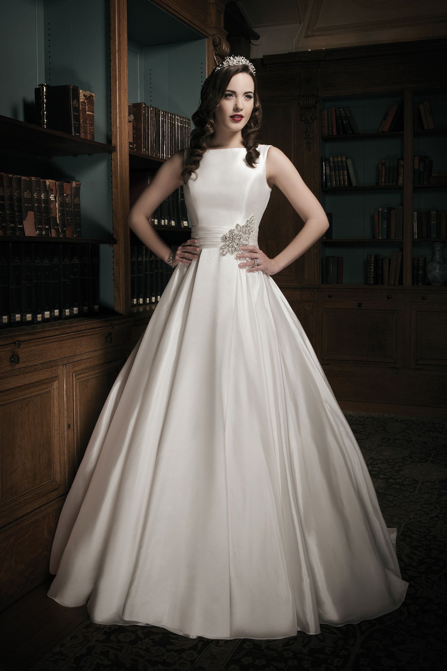 Justin Alexander Style 8694 Satin organza A-line dress complemented with a Sabrina neckline