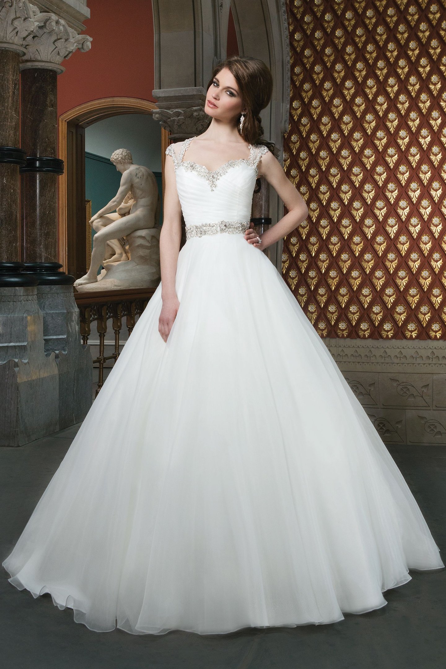 Justin Alexander Style 8718 Tulle ball gown featuring a Queen Anne neckline
