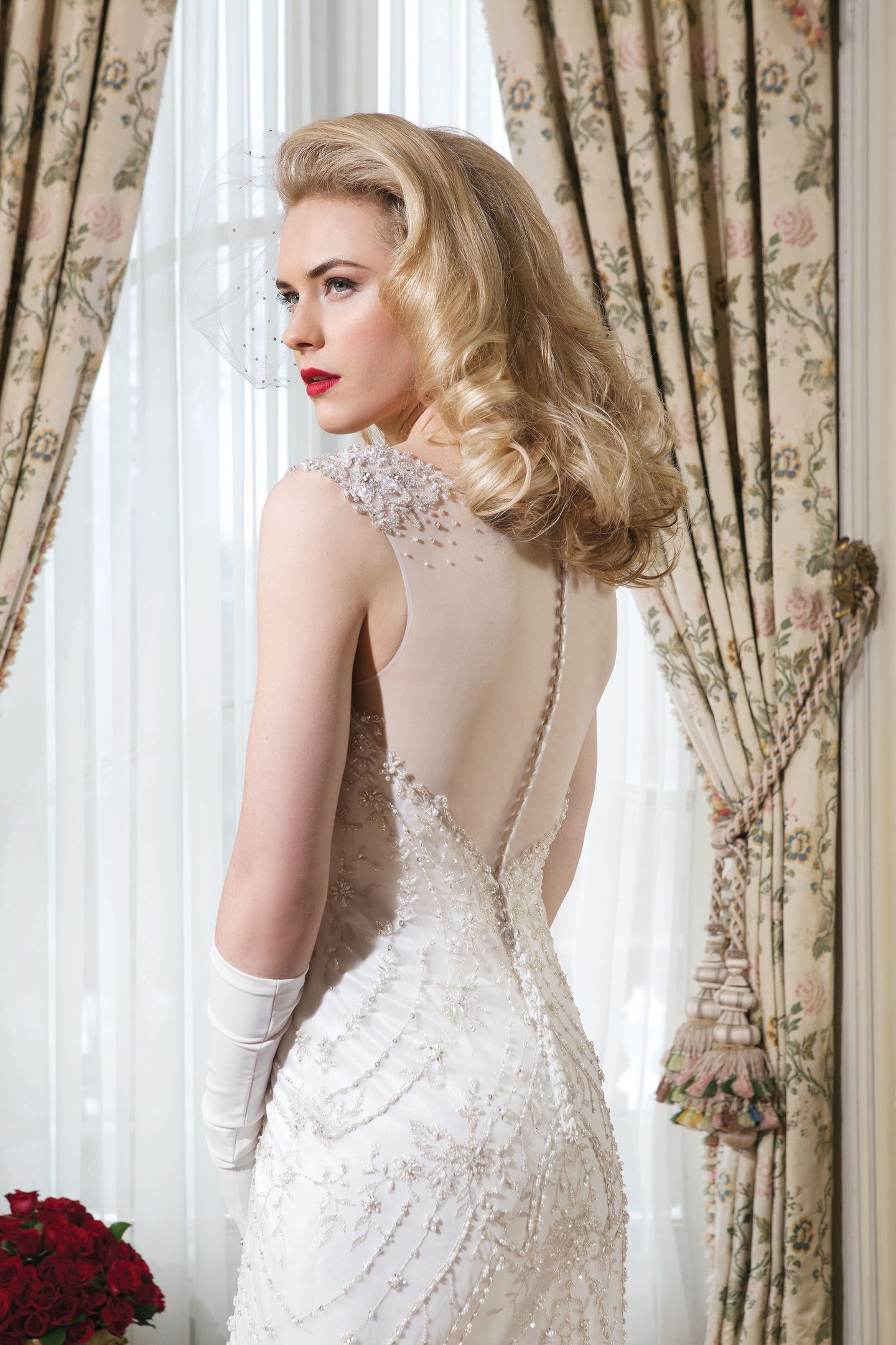 Justin Alexander Style 8753 Embroidered beaded tulle straight dress with a V-neck