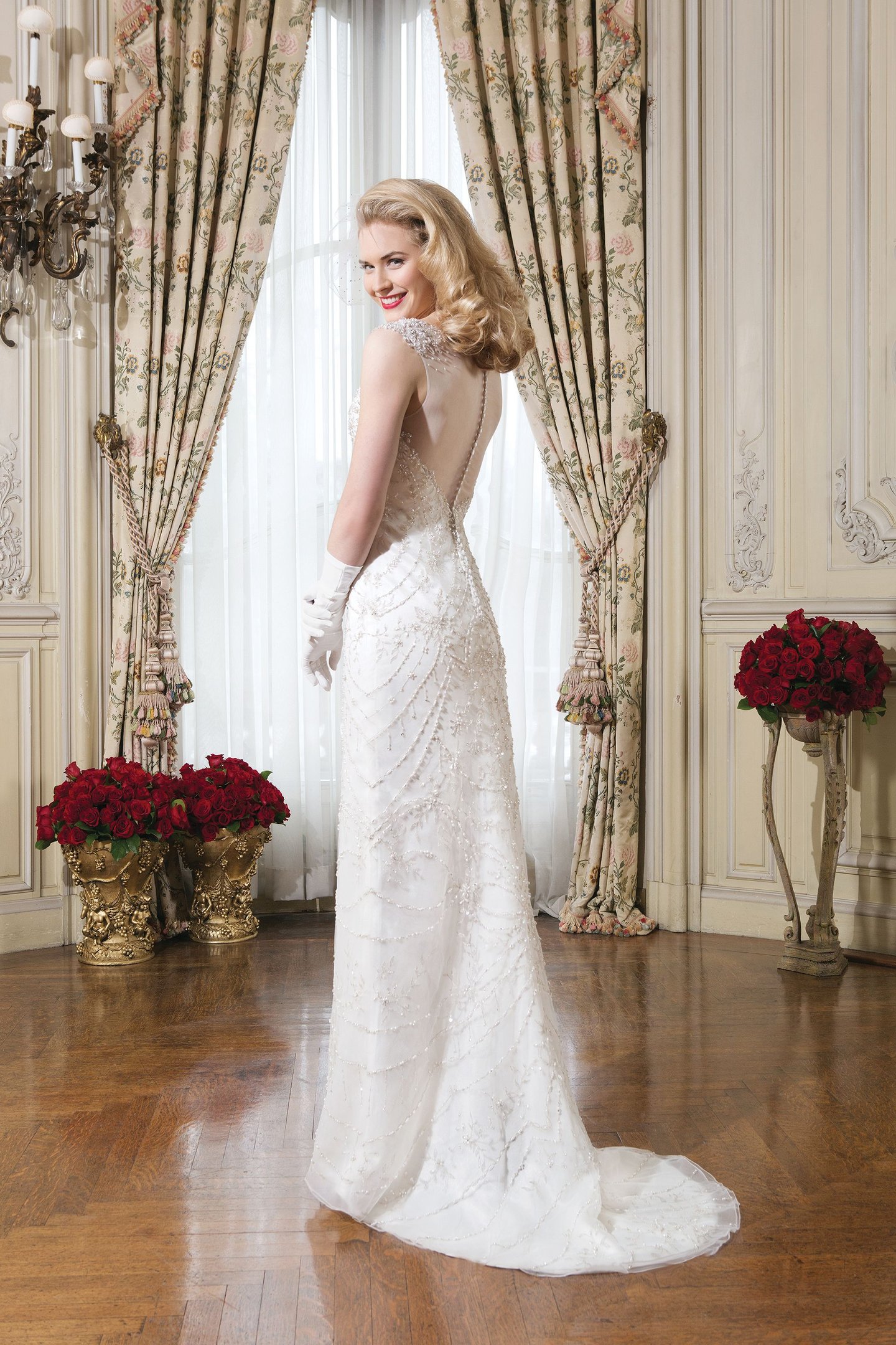 Justin Alexander Style 8753 Embroidered beaded tulle straight dress with a V-neck
