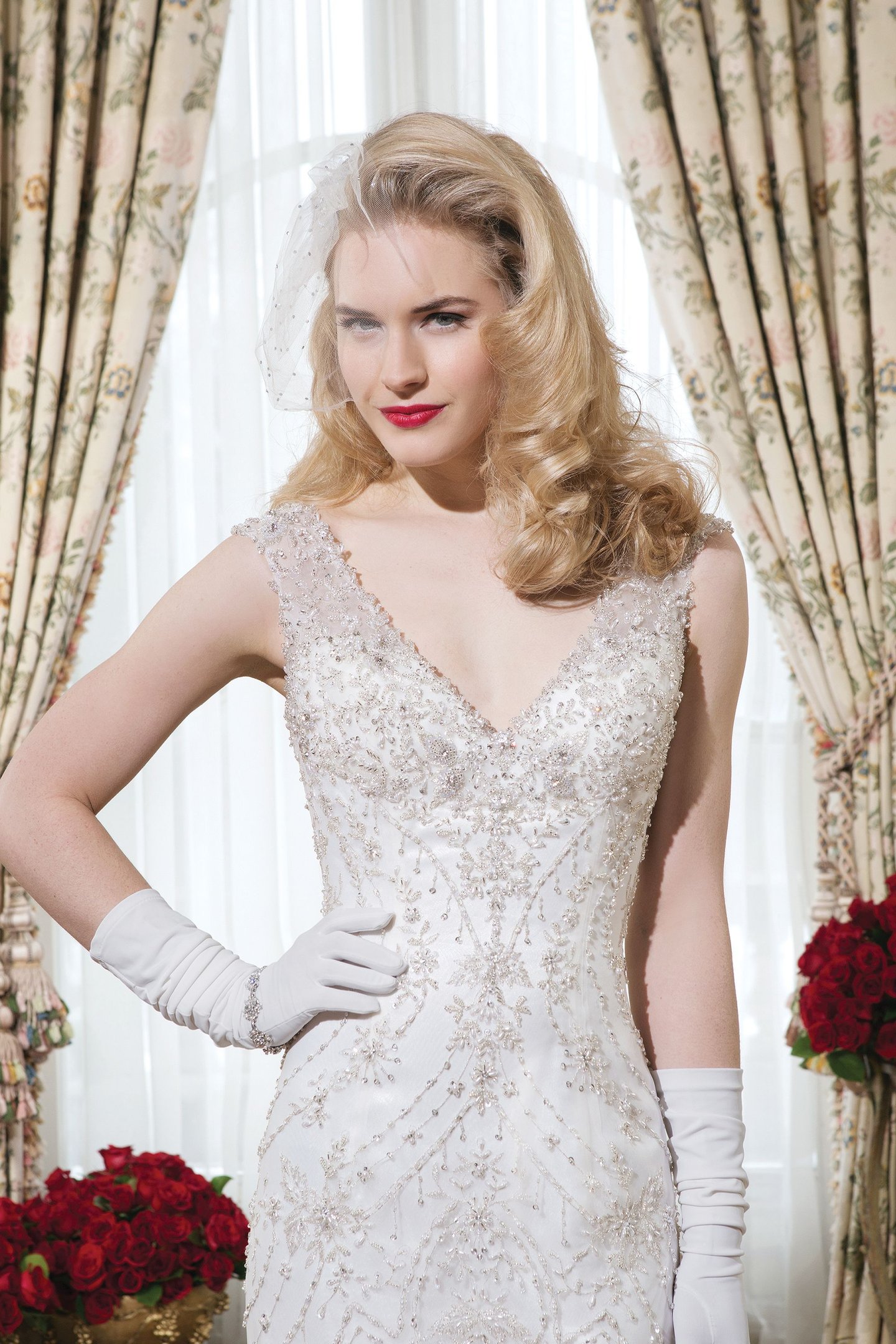 Justin Alexander Style 8753 Embroidered beaded tulle straight dress with a V-neck