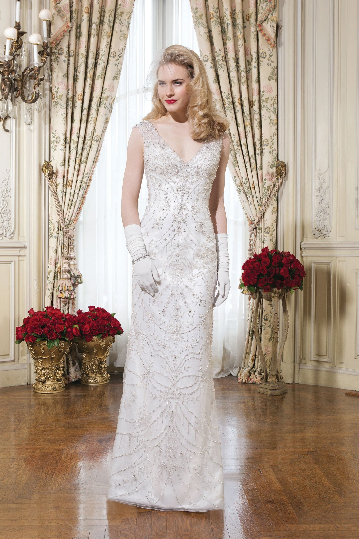 Justin Alexander Style 8753 Embroidered beaded tulle straight dress with a V-neck