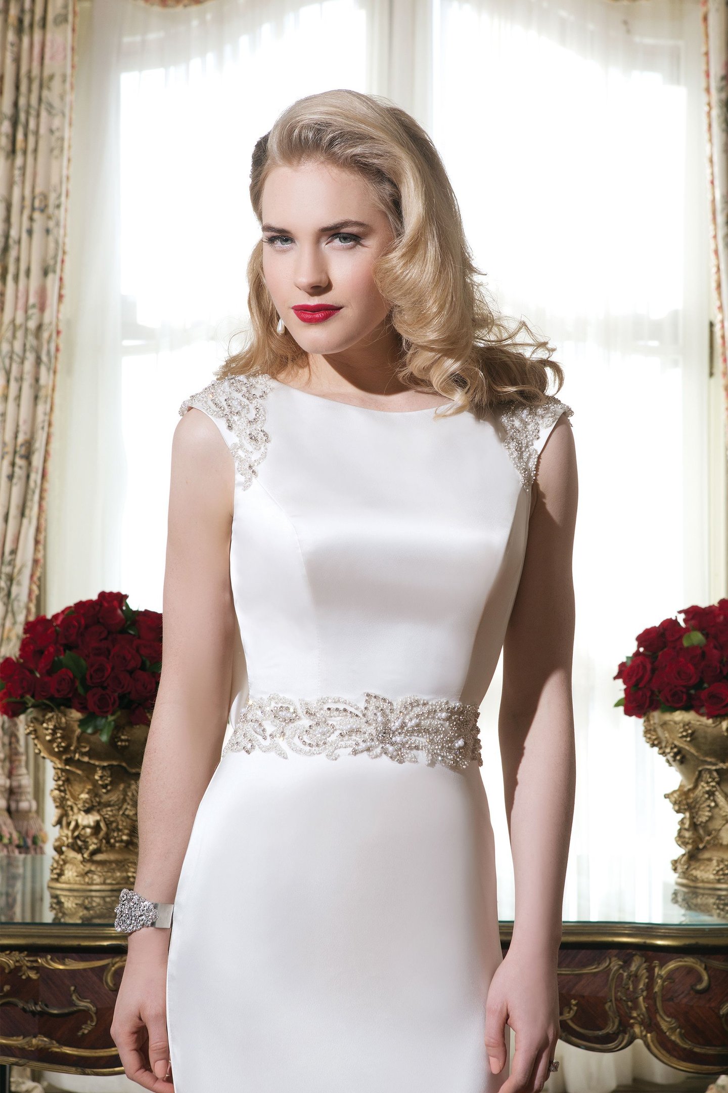 Justin Alexander Style 8764 Charmeuse Form-Fitting Dress with Beaded Waist
