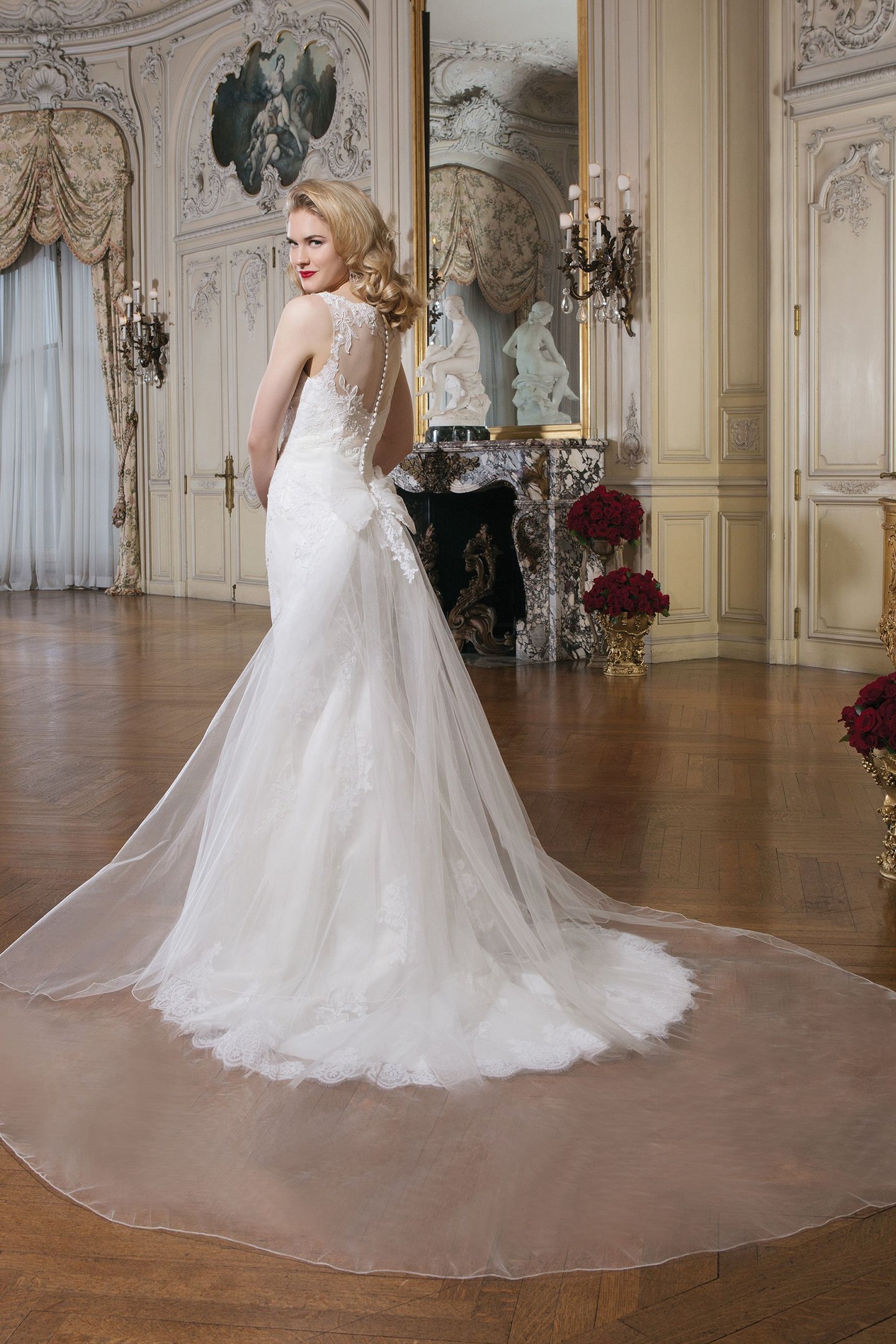 Justin Alexander Style 8780 Tulle Alencon Lace Fit and Flare V-Neck Gown