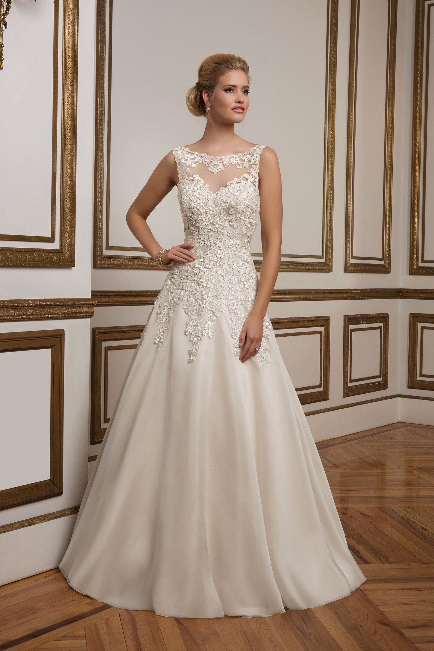 Justin Alexander  Lace and Organza Sabrina Neckline A-Line Bridal Gown