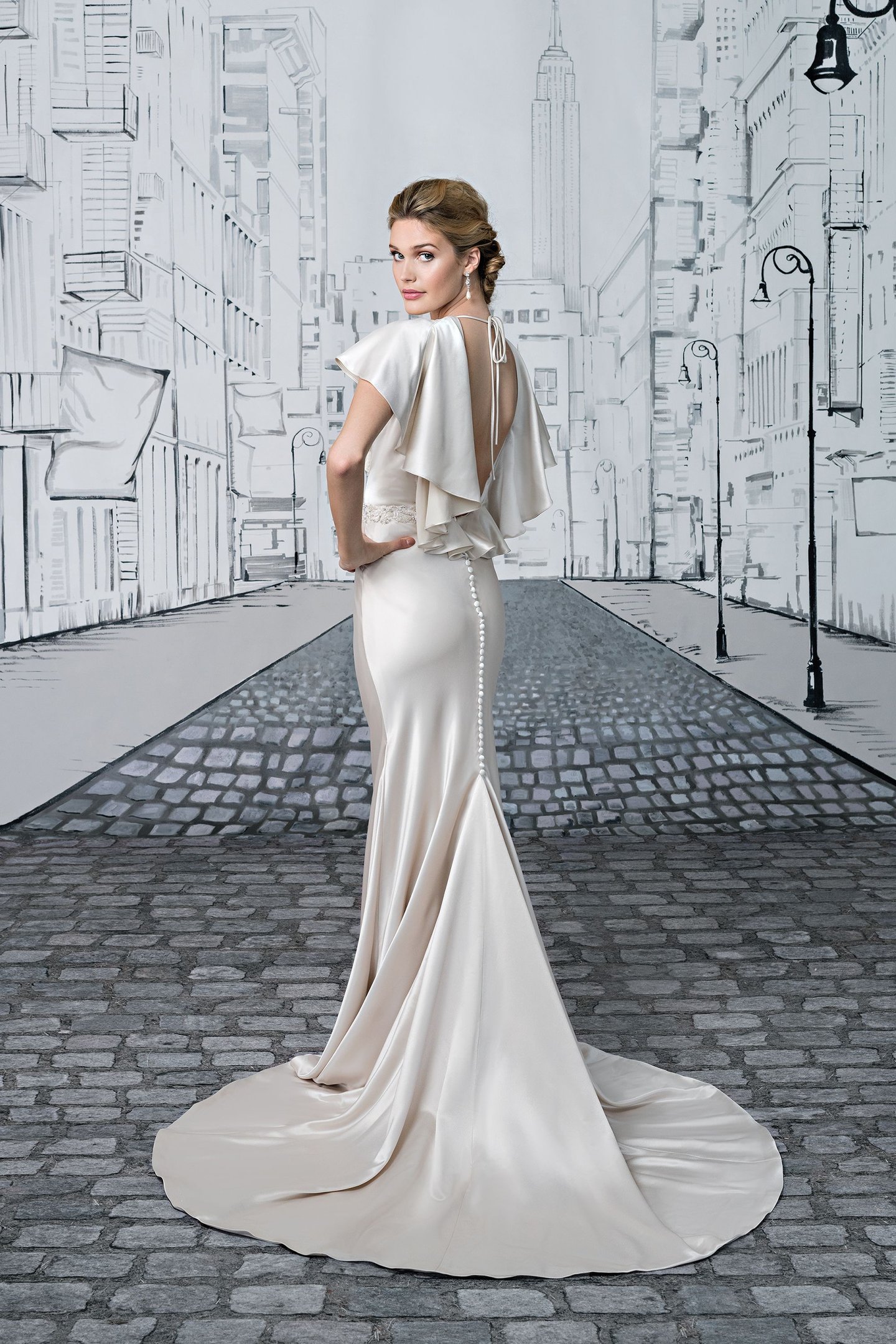 Justin Alexander Style 8875 Luxe Charmeuse High-Neck Gown with Flutter Sleeves and Low Back