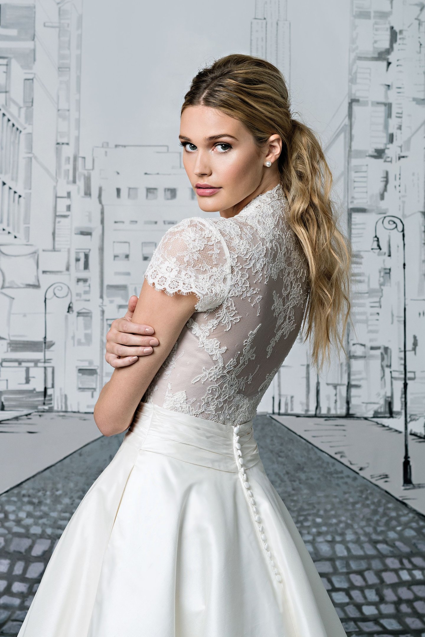 Justin Alexander Style 8881 Lace Bodice with Short Sleeves and Silk Tea Length Ball Gown Skirt