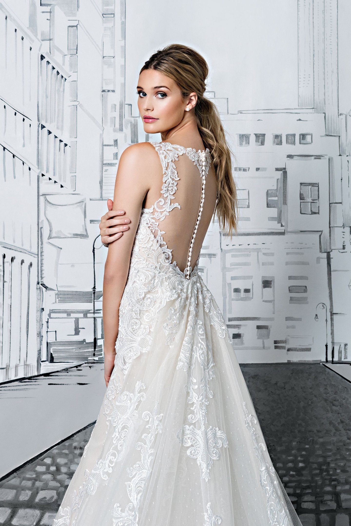 Justin Alexander Style 8909 Lace Fit and Flare Gown with Detachable Monarch Train