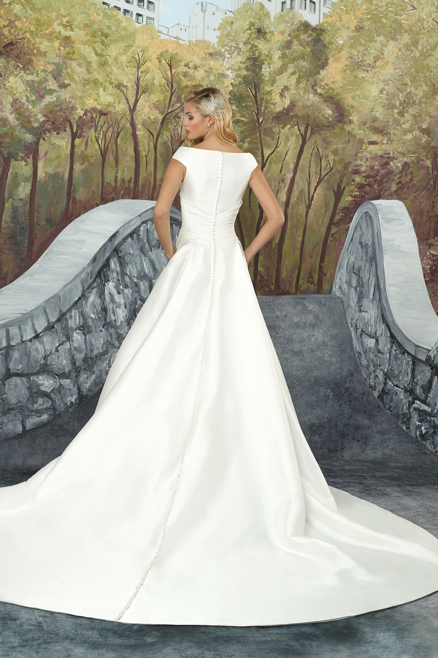 Justin Alexander Style 8929 Mikado Ball Gown with Cummerbund and Sabrina Neckline