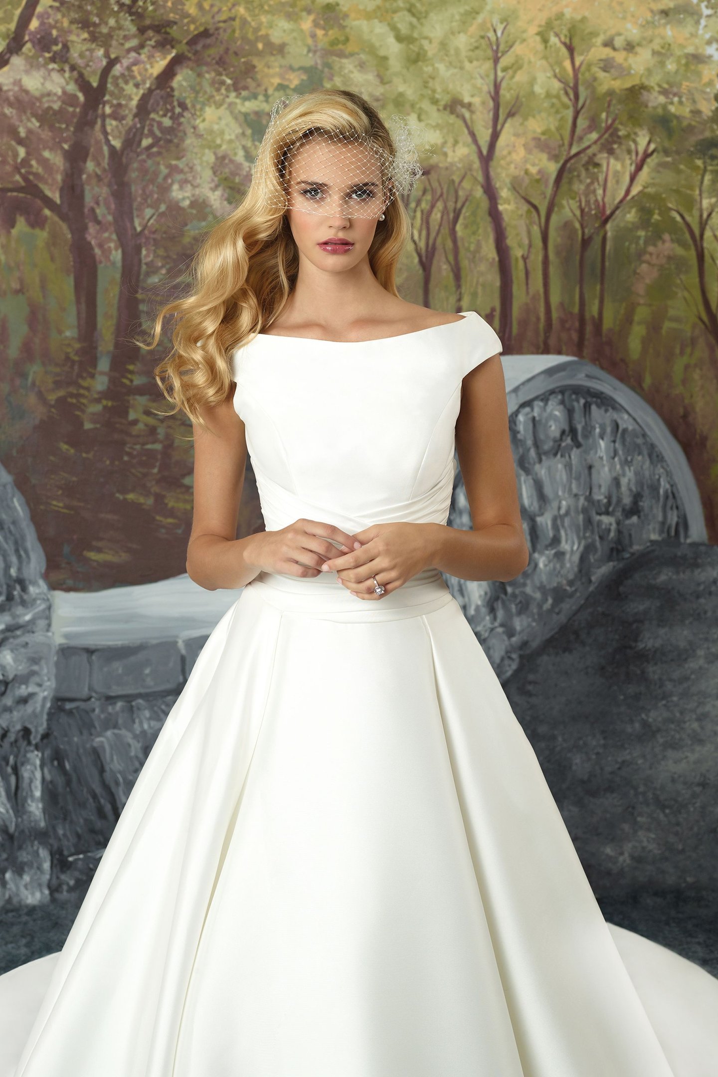 Justin Alexander Style 8929 Mikado Ball Gown with Cummerbund and Sabrina Neckline