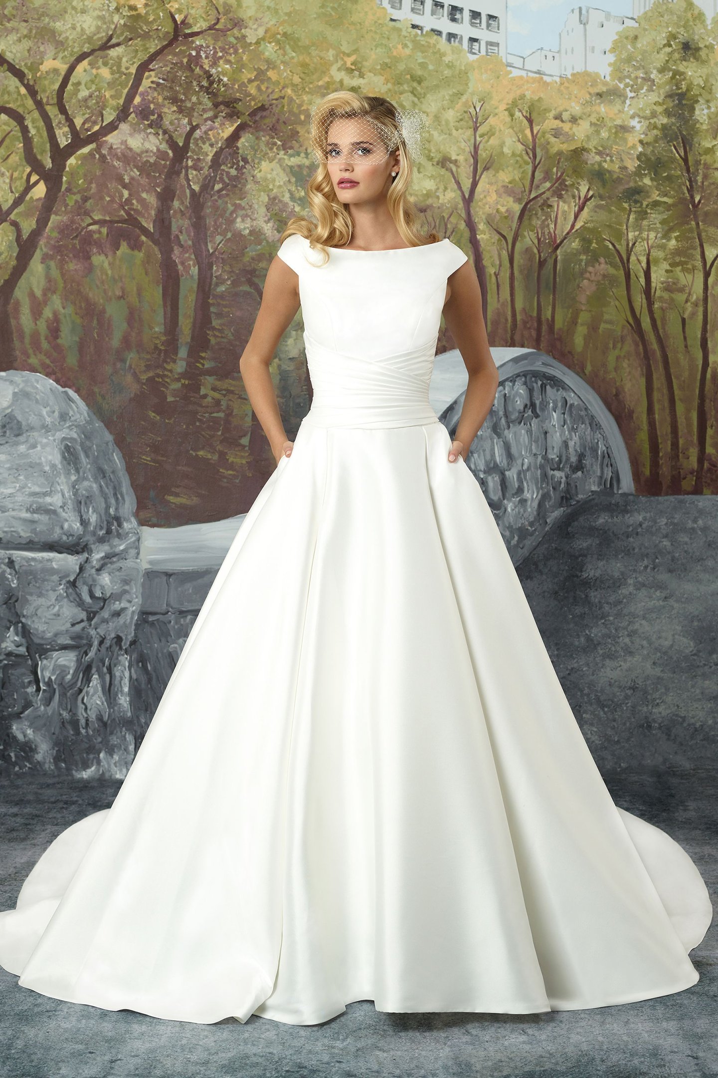 Justin Alexander Style 8929 Mikado Ball Gown with Cummerbund and Sabrina Neckline