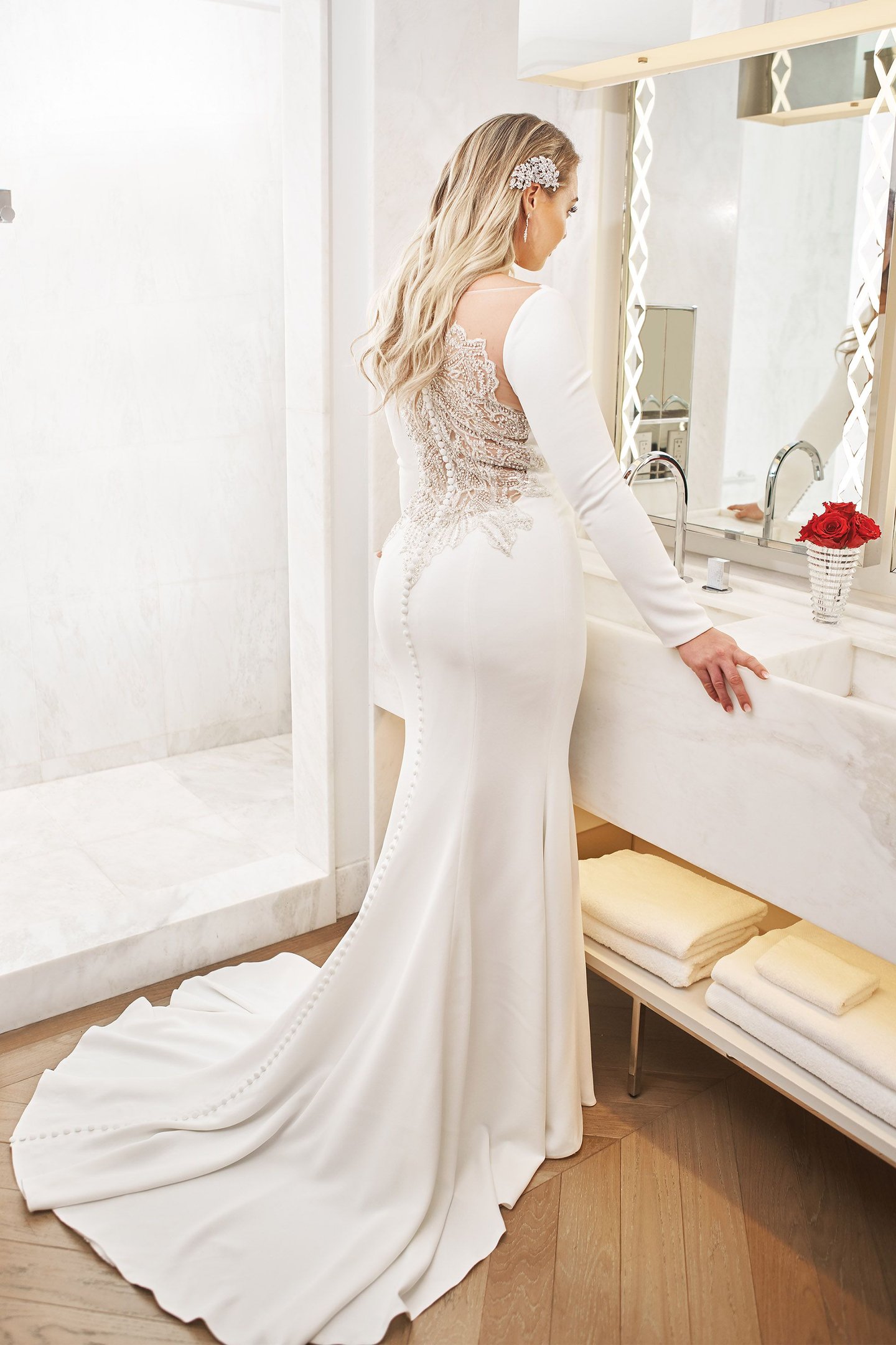 Justin Alexander Style 8936 Crepe Long Sleeved Wedding Dress with Beaded Illusion Back Iskra Lawrence
