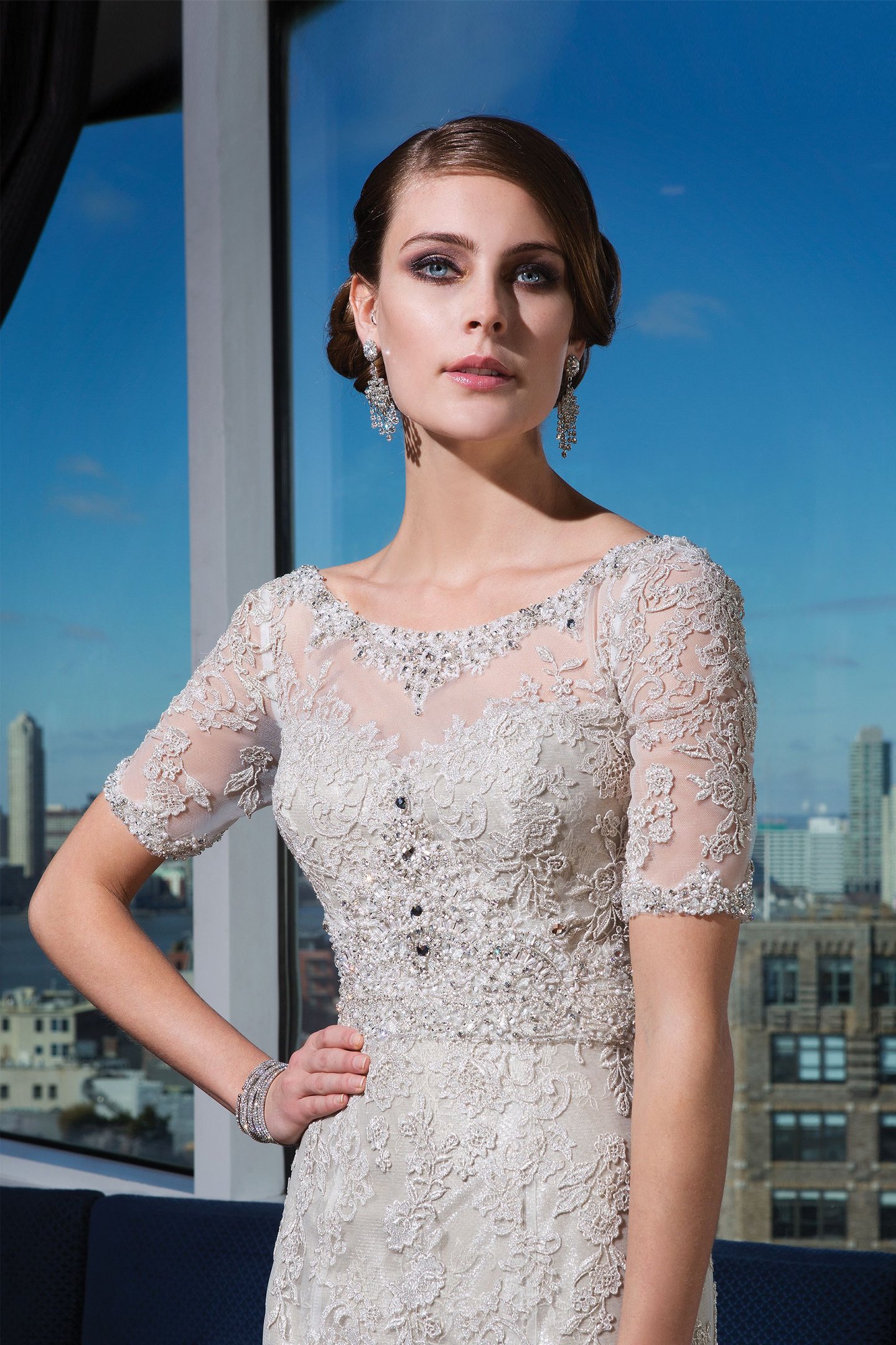 Justin Alexander Signature Style 9730 Beaded lace fit and flare dress accentuated by a Sabrina neckline