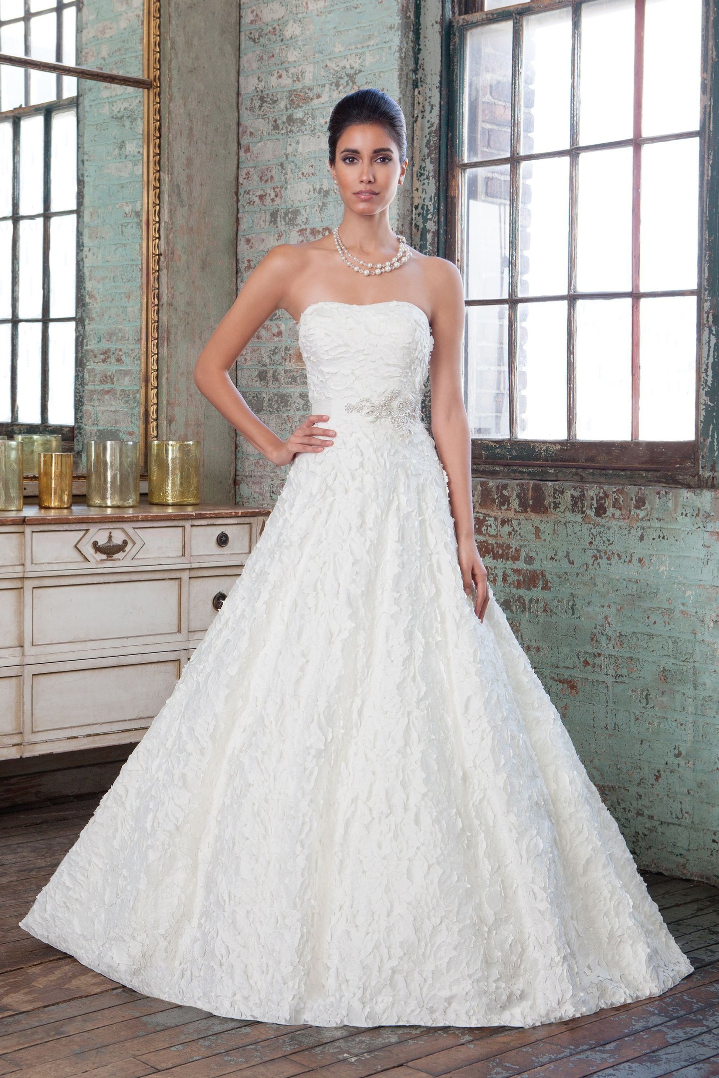 Justin Alexander Signature Style 9816 Top Stiched Laser Cut Satin Strapless Ball Gown