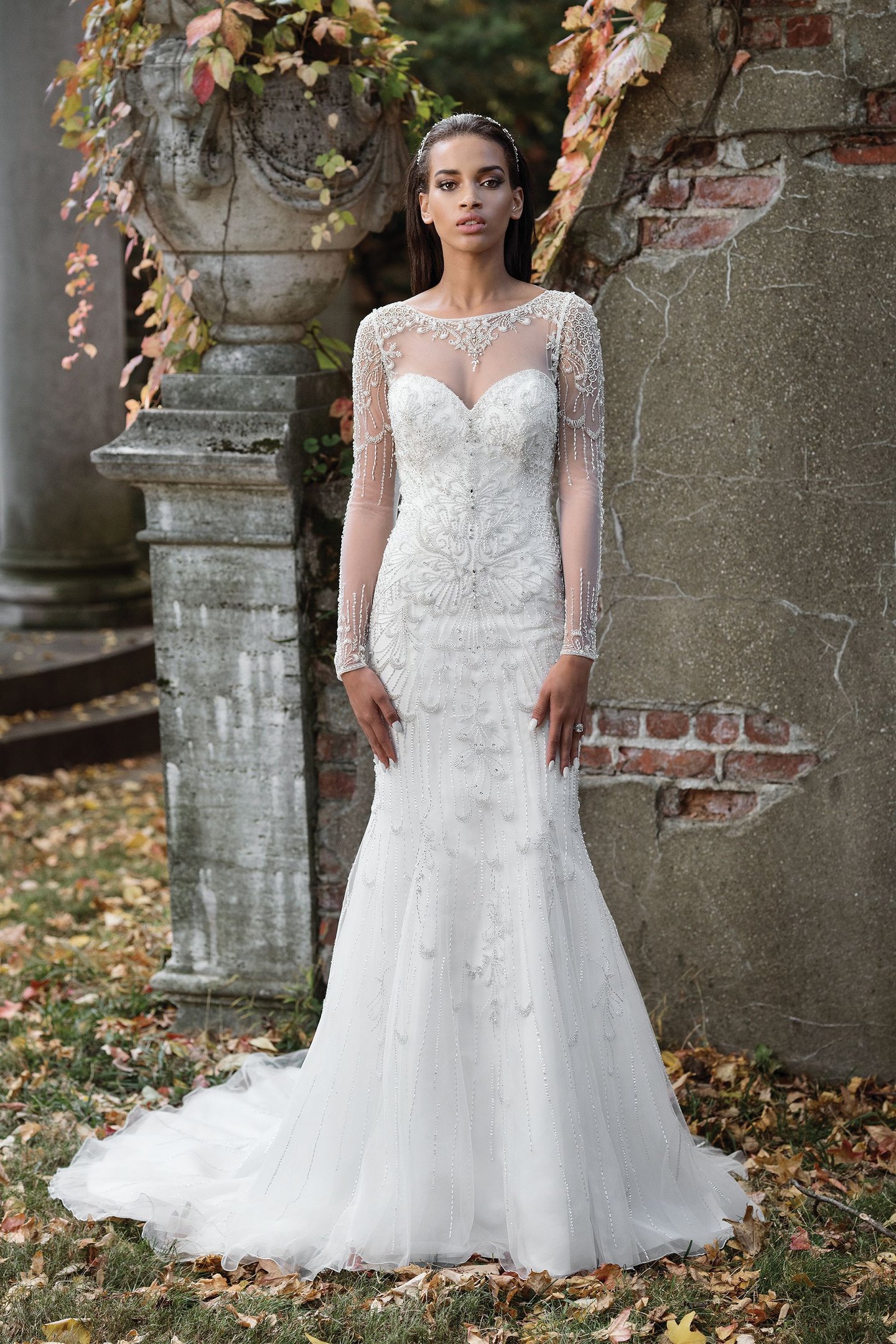 Justin Alexander Signature Style 9817 Beaded Fit and Flare Bridal Gown with Illusion Neckline