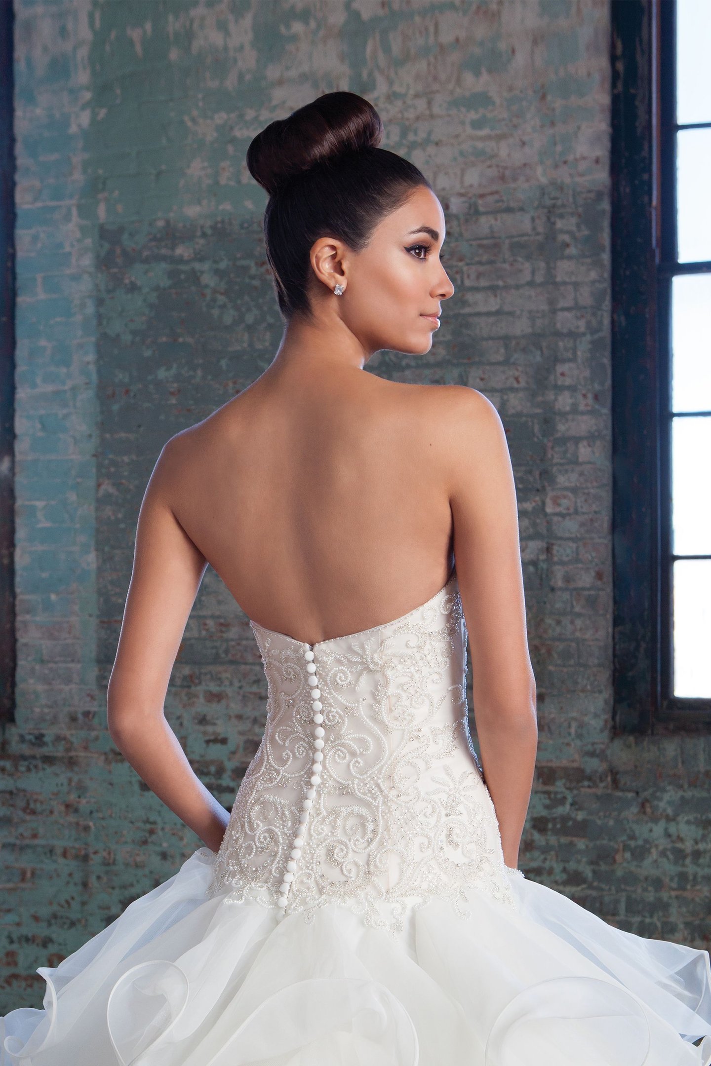 Justin Alexander Signature Style 9821 Crystal and Pearl Sweetheart Bodice with Organza Ruffle Skirt