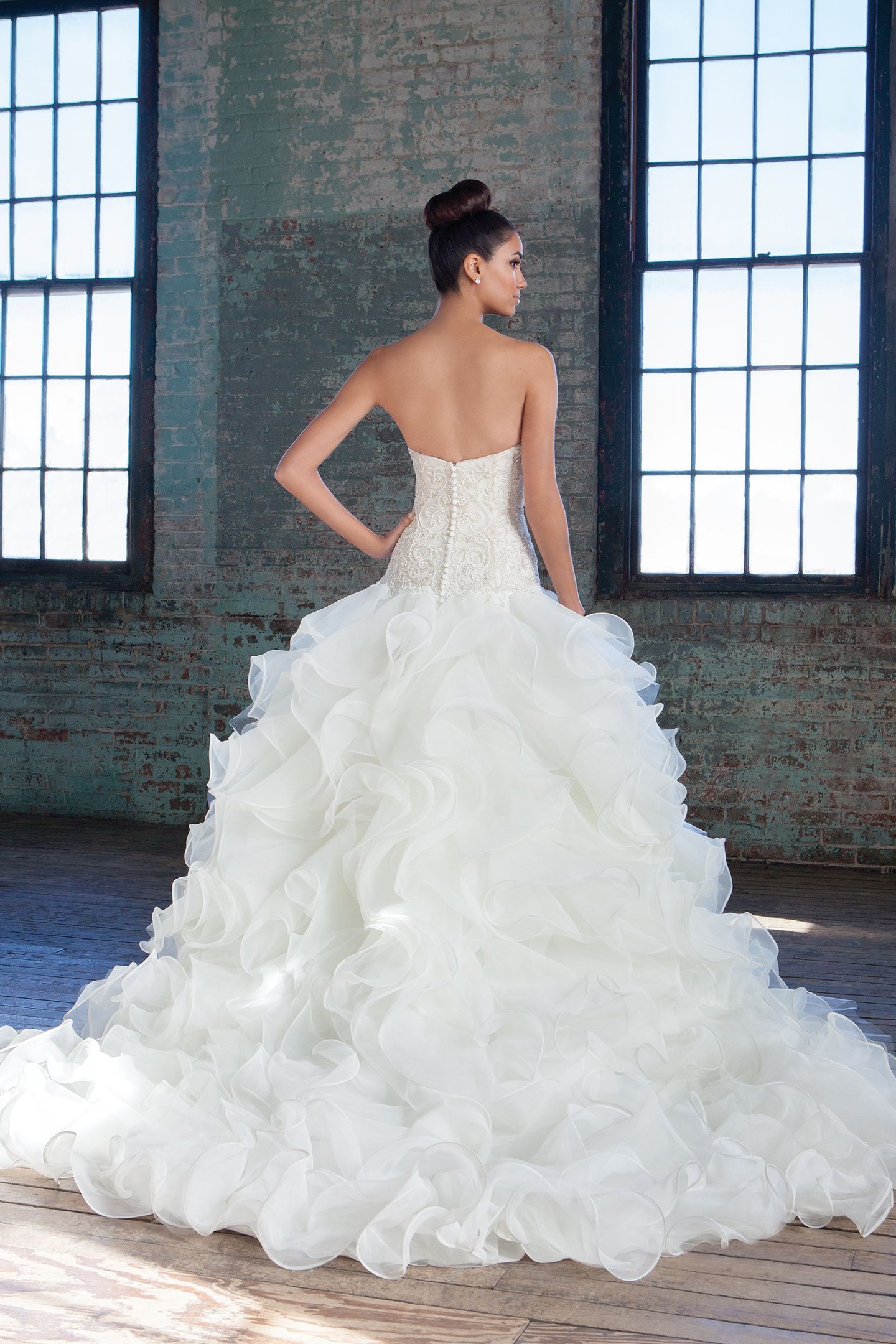 Justin Alexander Signature Style 9821 Crystal and Pearl Sweetheart Bodice with Organza Ruffle Skirt
