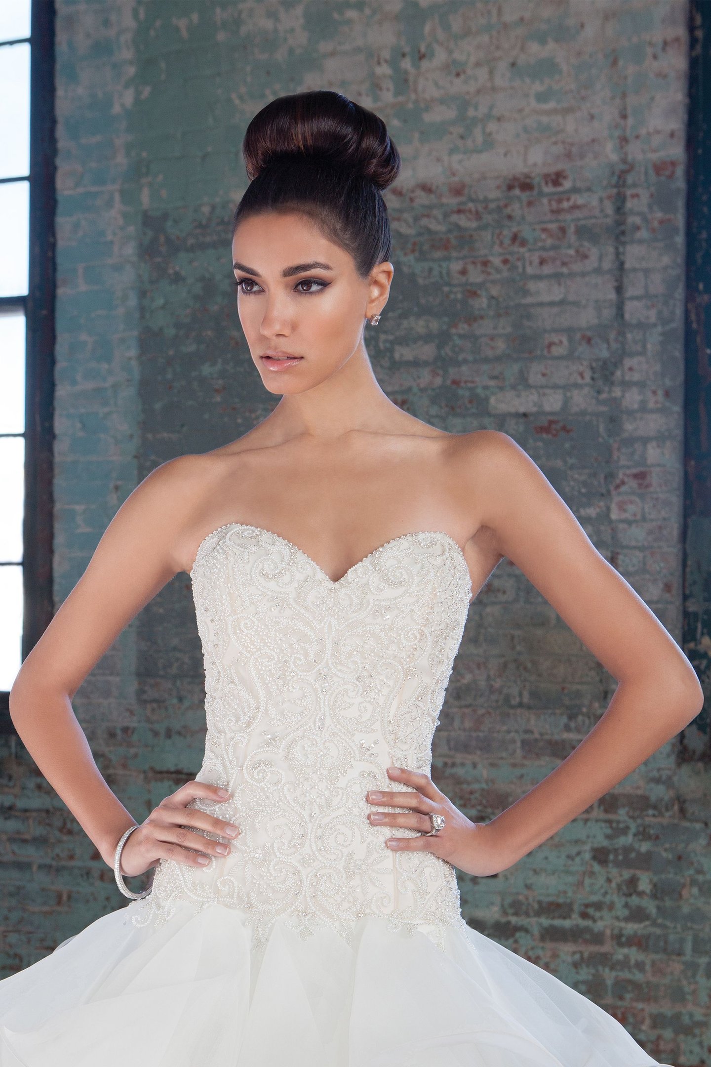 Justin Alexander Signature Style 9821 Crystal and Pearl Sweetheart Bodice with Organza Ruffle Skirt