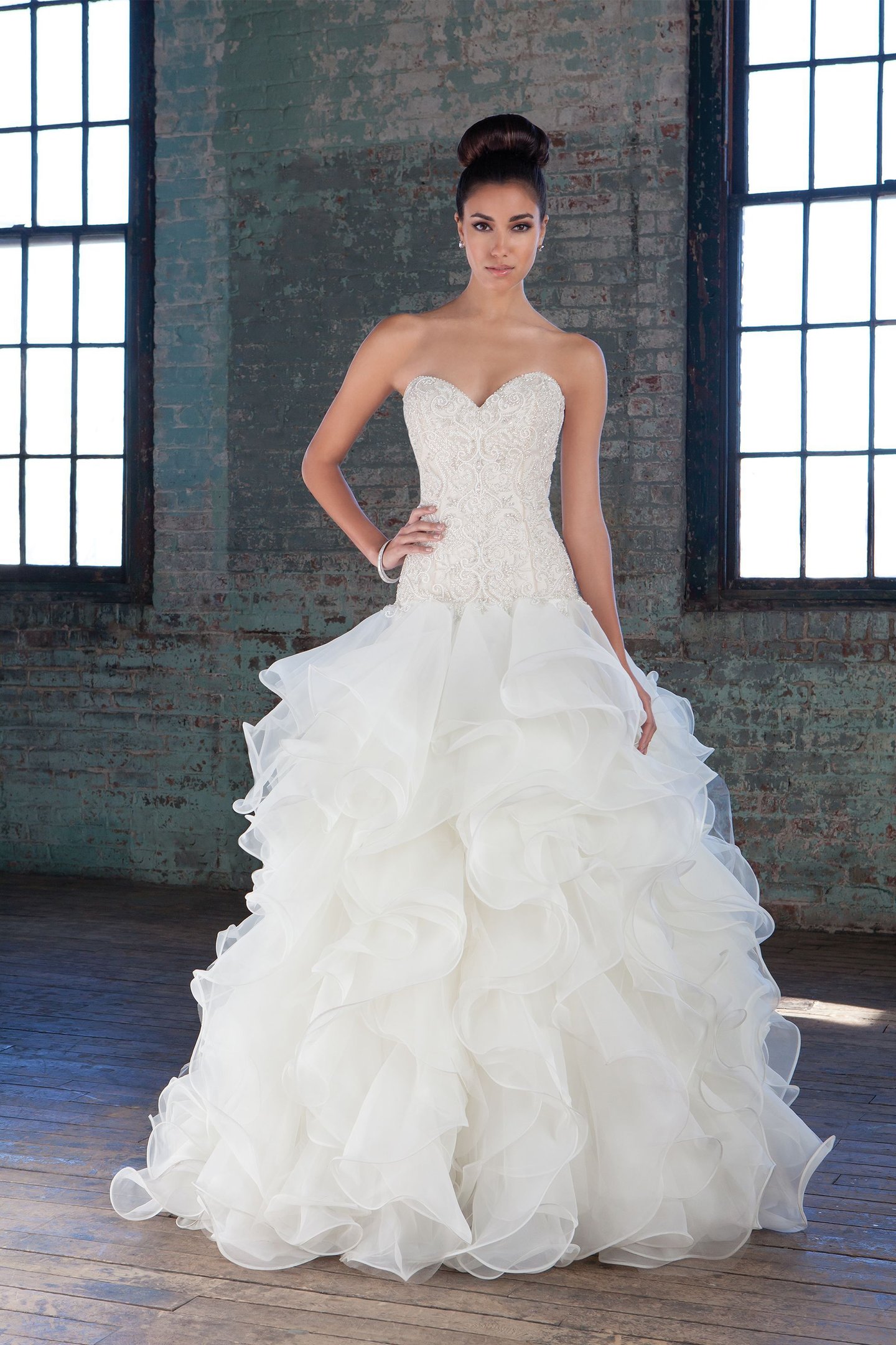 Justin Alexander Signature Style 9821 Crystal and Pearl Sweetheart Bodice with Organza Ruffle Skirt