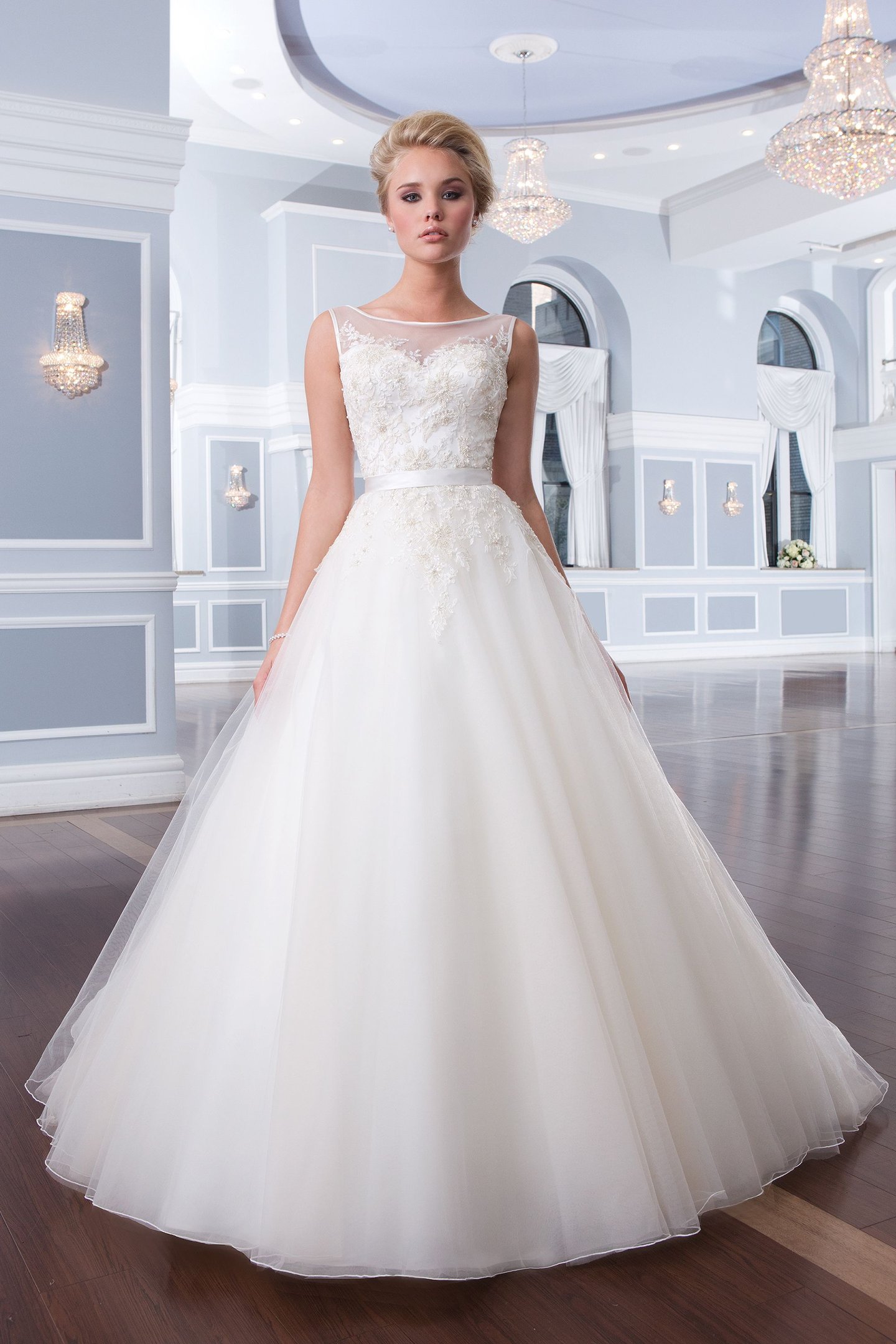 Lillian West Style 6295 Tulle Ball Gown accented with a Sabrina Neckline