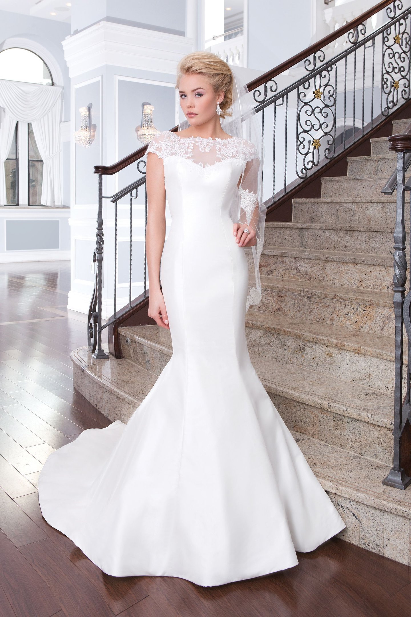 Lillian West Style 6319 Mermaid Sabrina Neckline Dress with Cap Sleeves
