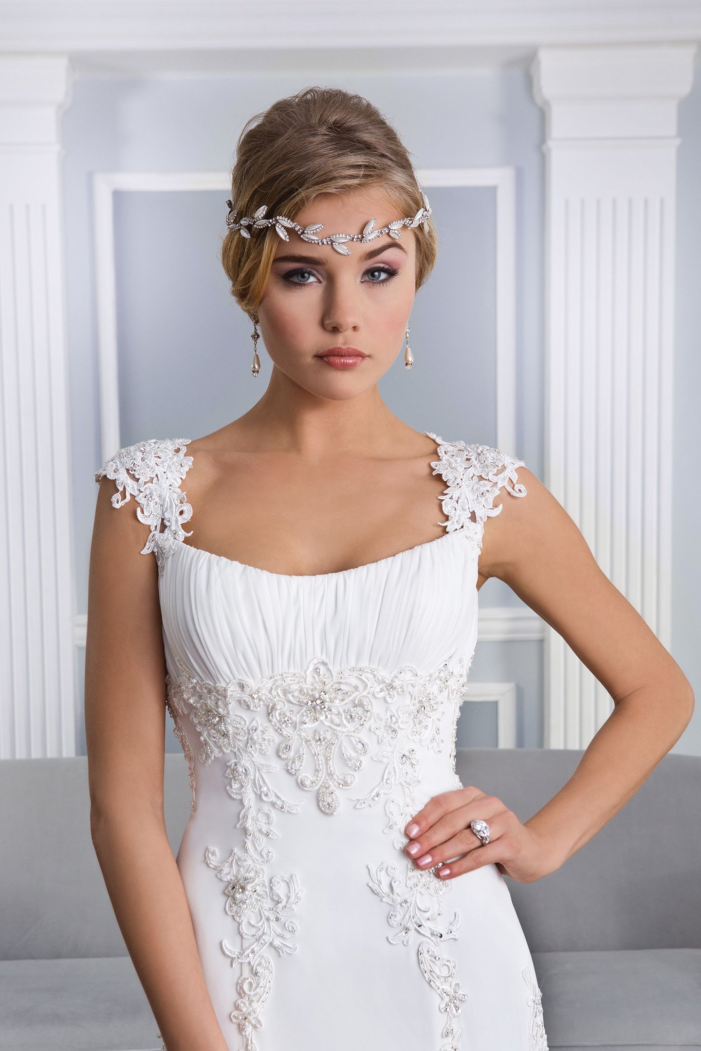 Lillian West Style 6326 Beaded Lace and Chiffon Gown with Lace Cap Sleeves