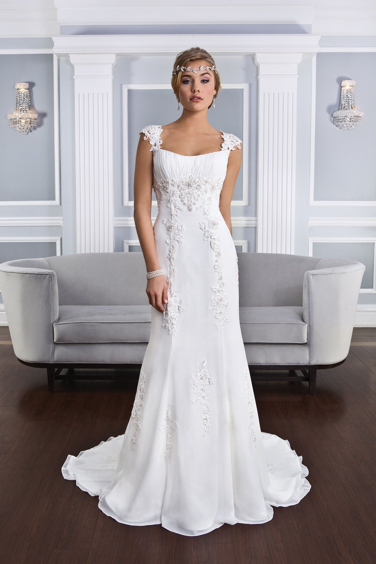 Lillian West Style 6326 Beaded Lace and Chiffon Gown with Lace Cap Sleeves