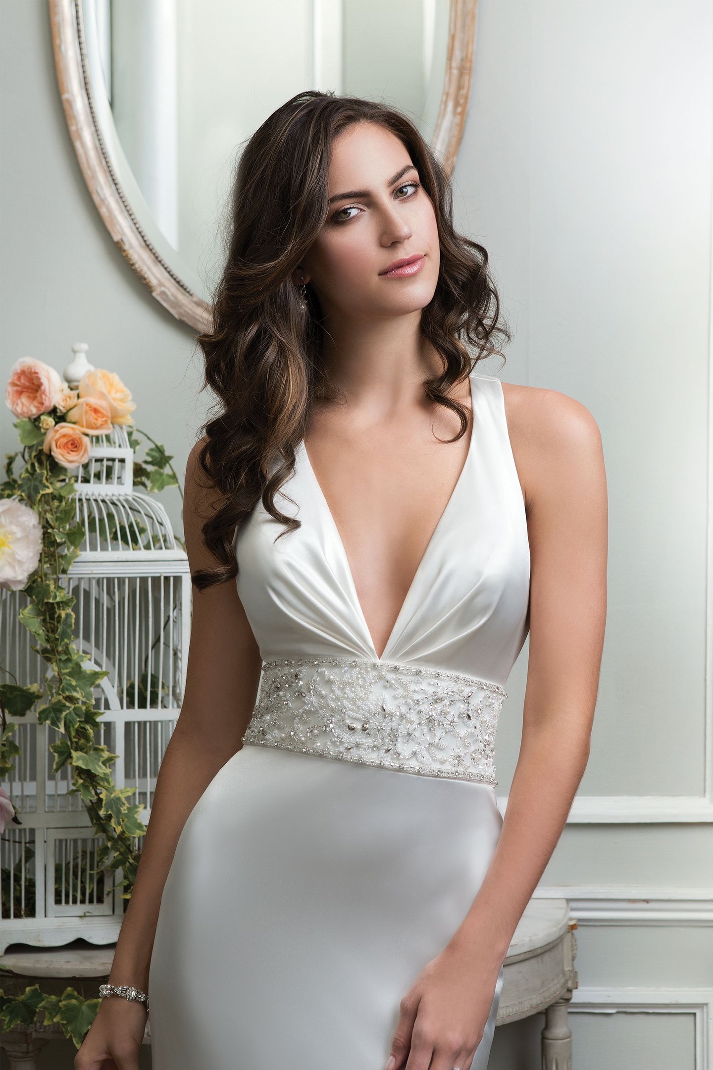 Lillian West Style 6374 Charmeuse Fit and Flare Gown with Plunging V-Neck and Open Back