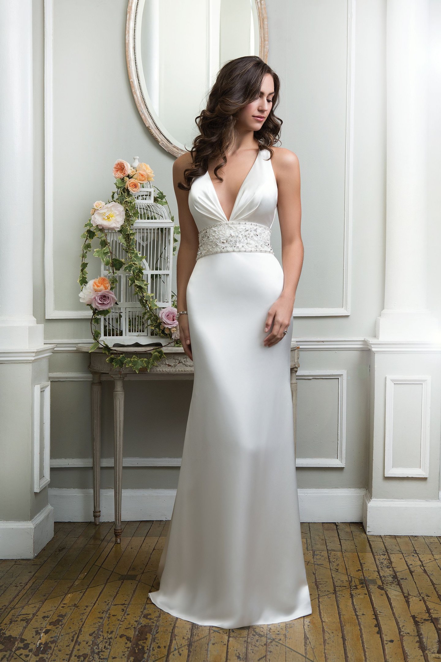 Lillian West Style 6374 Charmeuse Fit and Flare Gown with Plunging V-Neck and Open Back