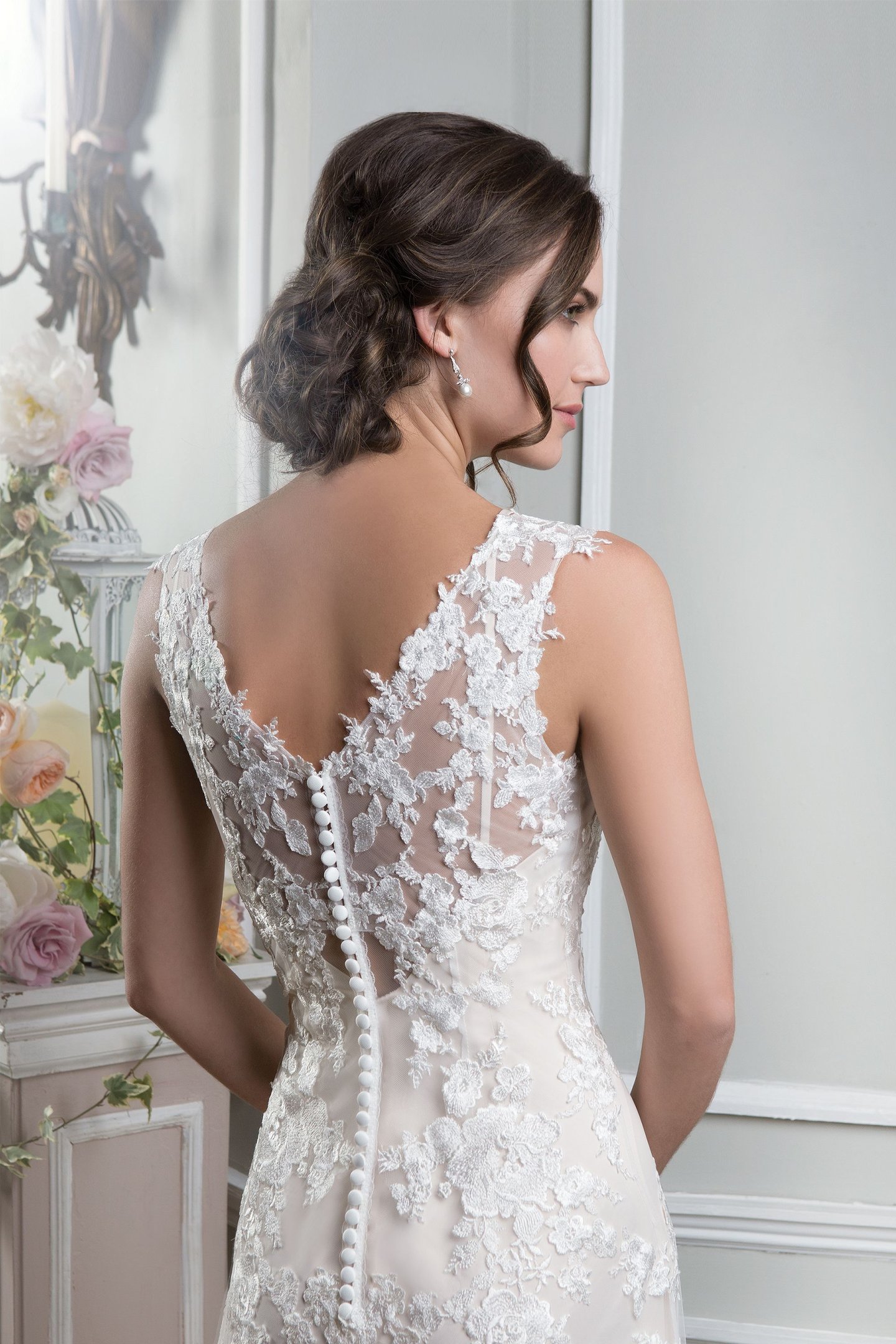 Lillian West Style 6385 Embroidered Lace Fit and Flare Gown with a Sabrina Neckline