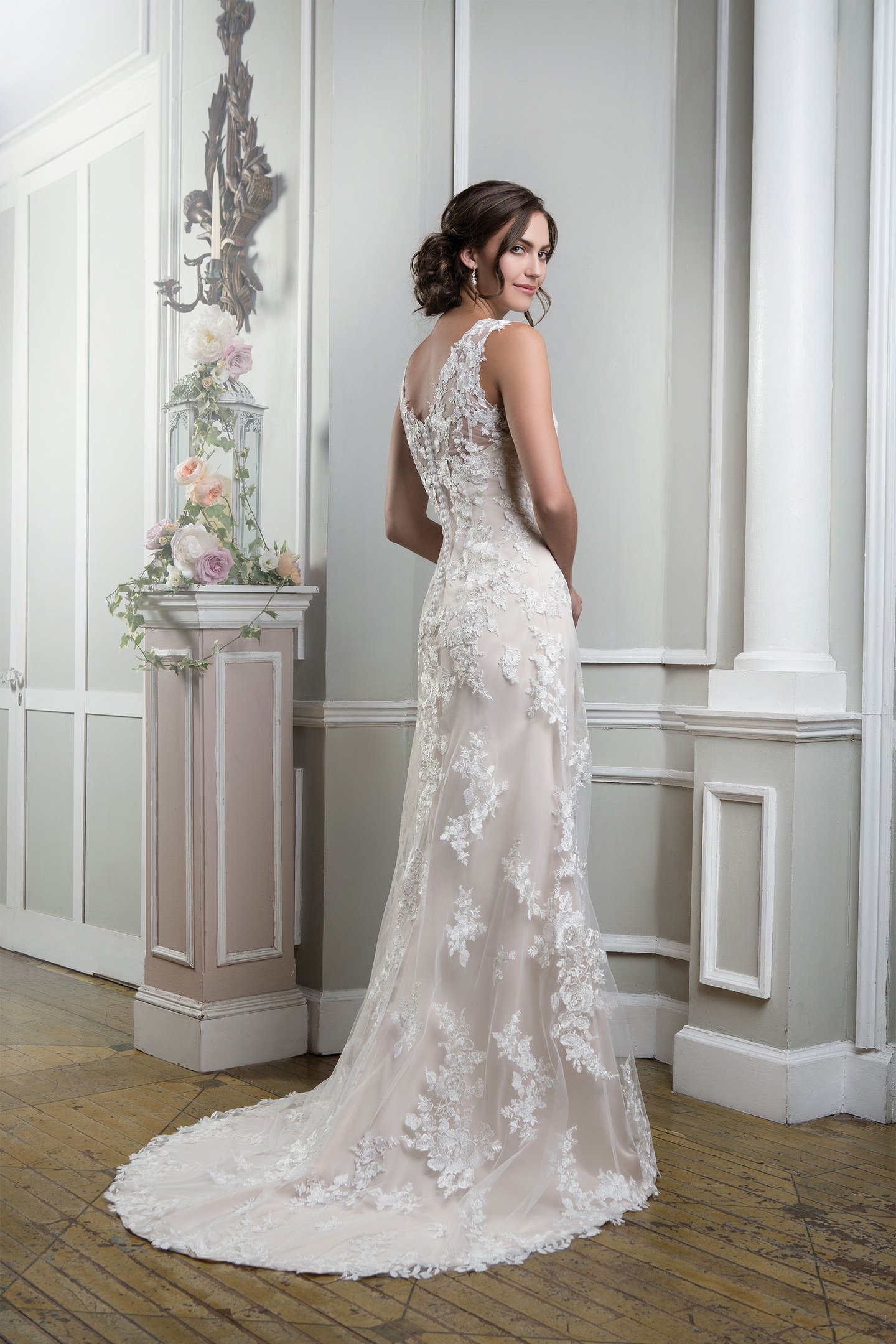 Lillian West Style 6385 Embroidered Lace Fit and Flare Gown with a Sabrina Neckline