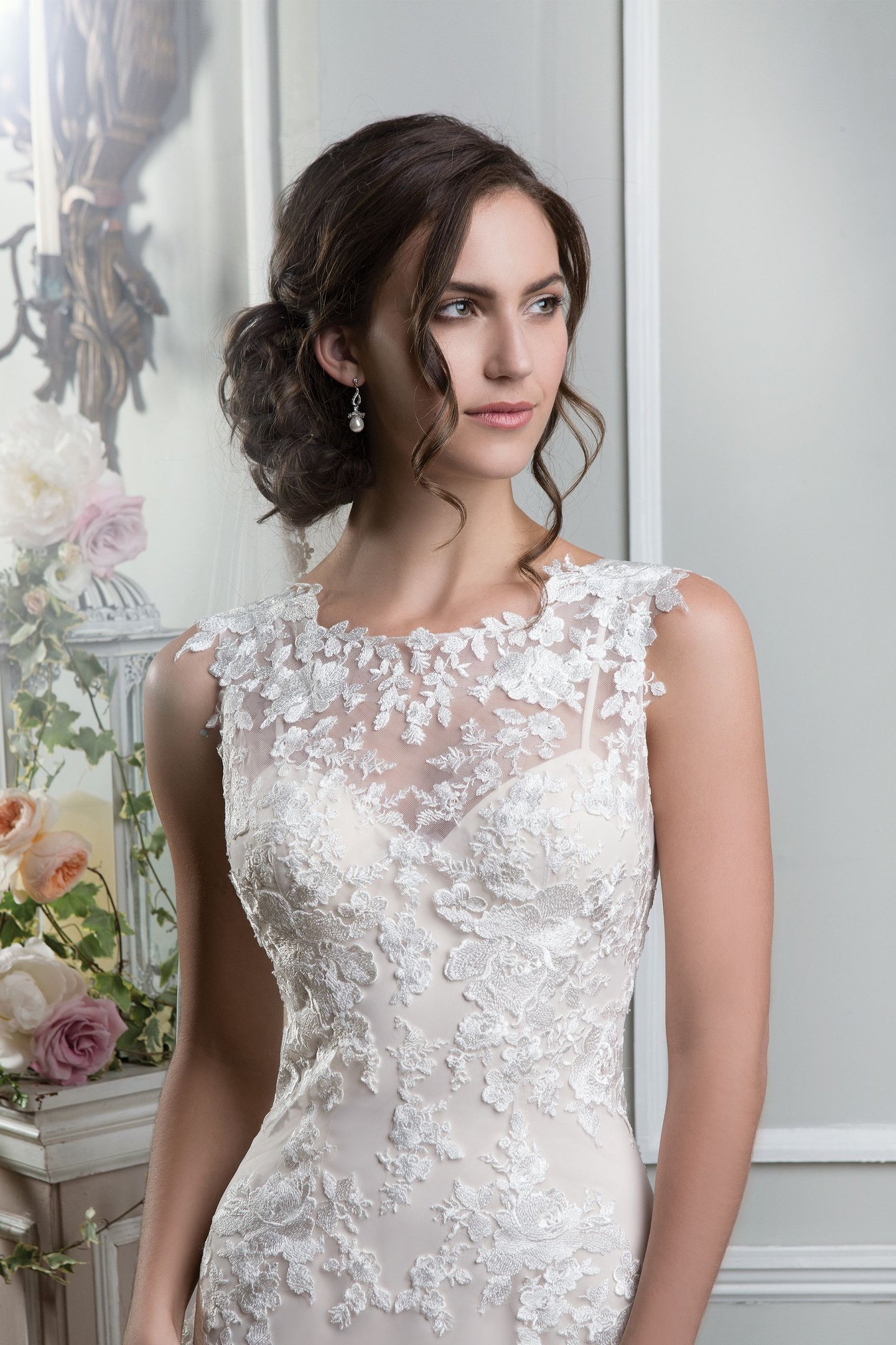 Lillian West Style 6385 Embroidered Lace Fit and Flare Gown with a Sabrina Neckline