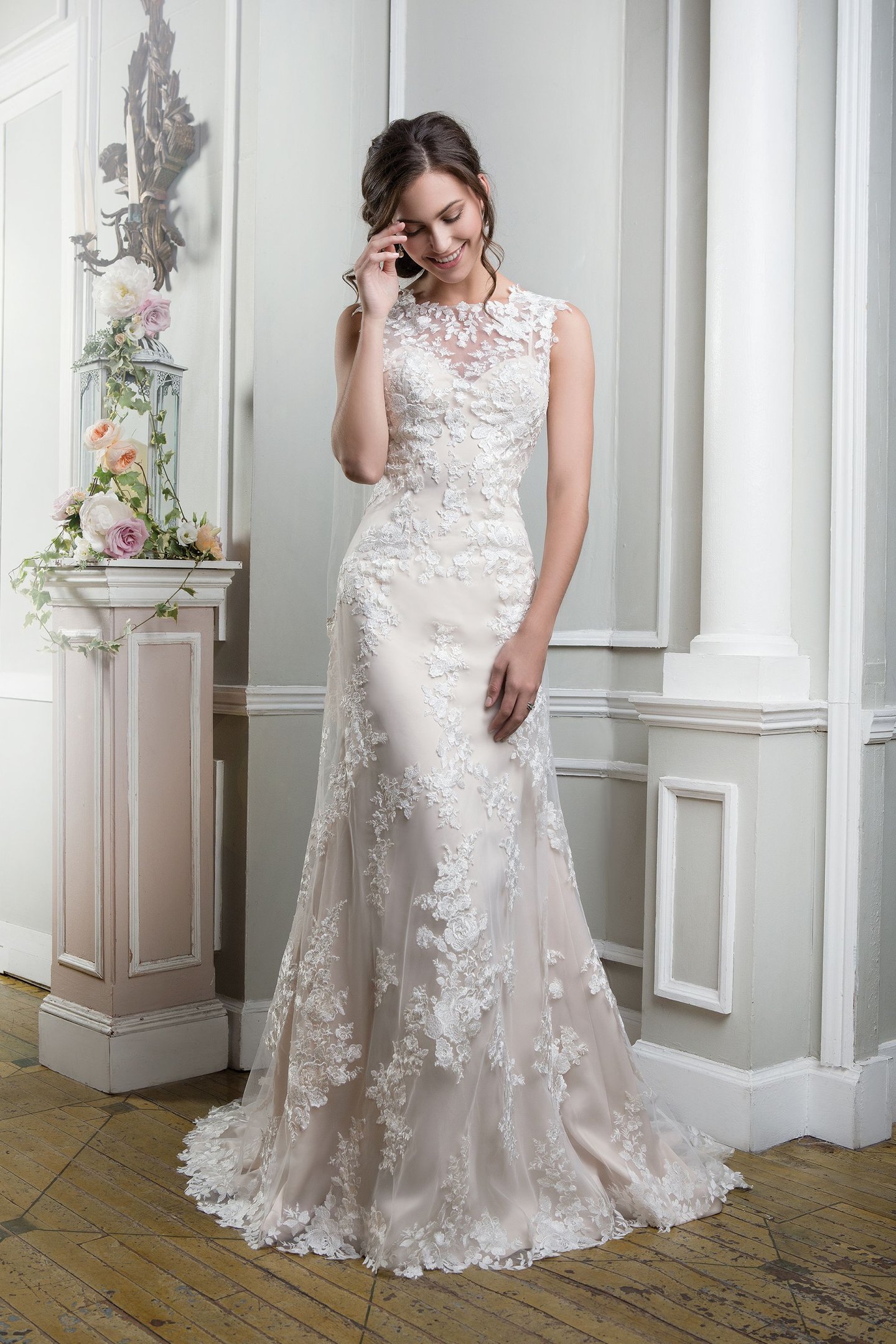 Lillian West Style 6385 Embroidered Lace Fit and Flare Gown with a Sabrina Neckline