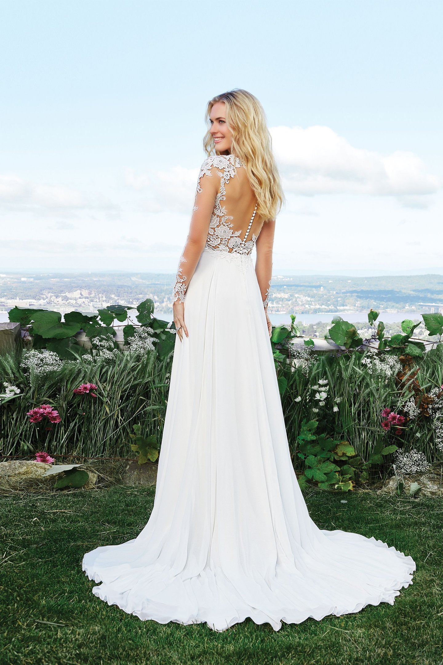 Lillian West Style 6422 Chiffon A-Line Gown with Lace Bodice and Sleeves