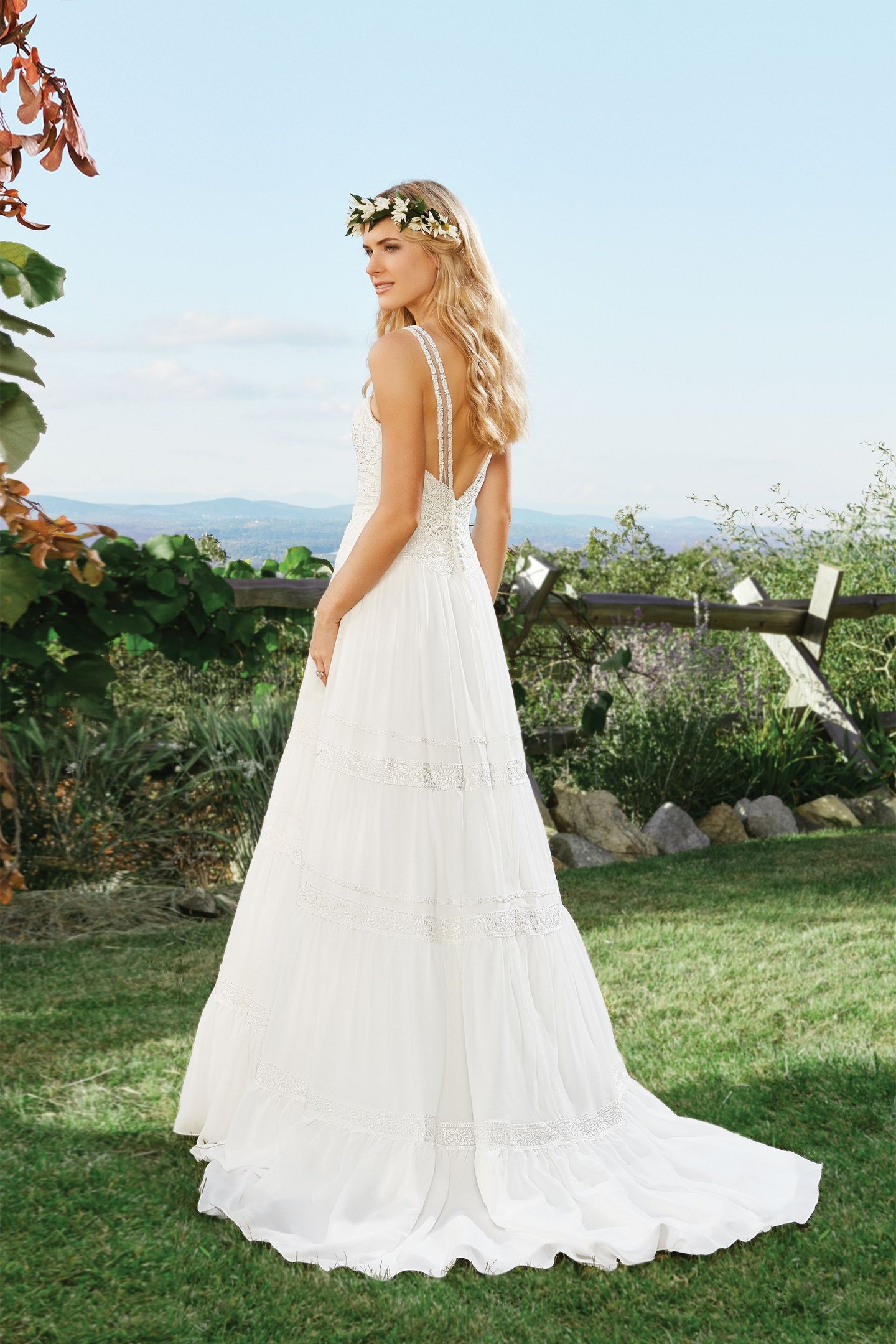 Lillian West Style 6431 Chiffon A-Line Dress with Horizontal Lace Detail